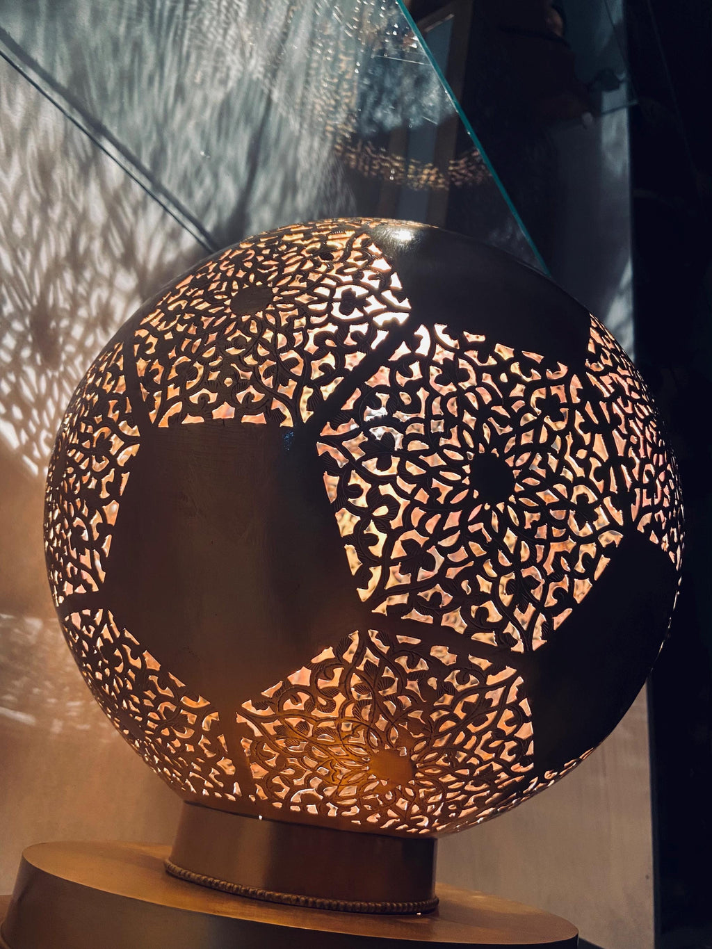 Handmade Moroccan Brass Globe Lamp: Pierced Sphere Shadow Light