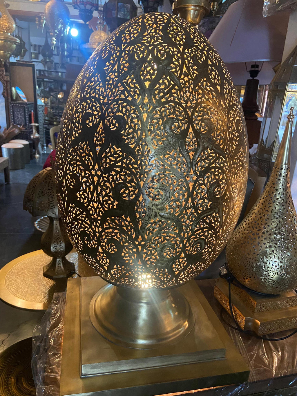 Large Moroccan Brass Teardrop Lamp: Handmade Filigree Floor Light