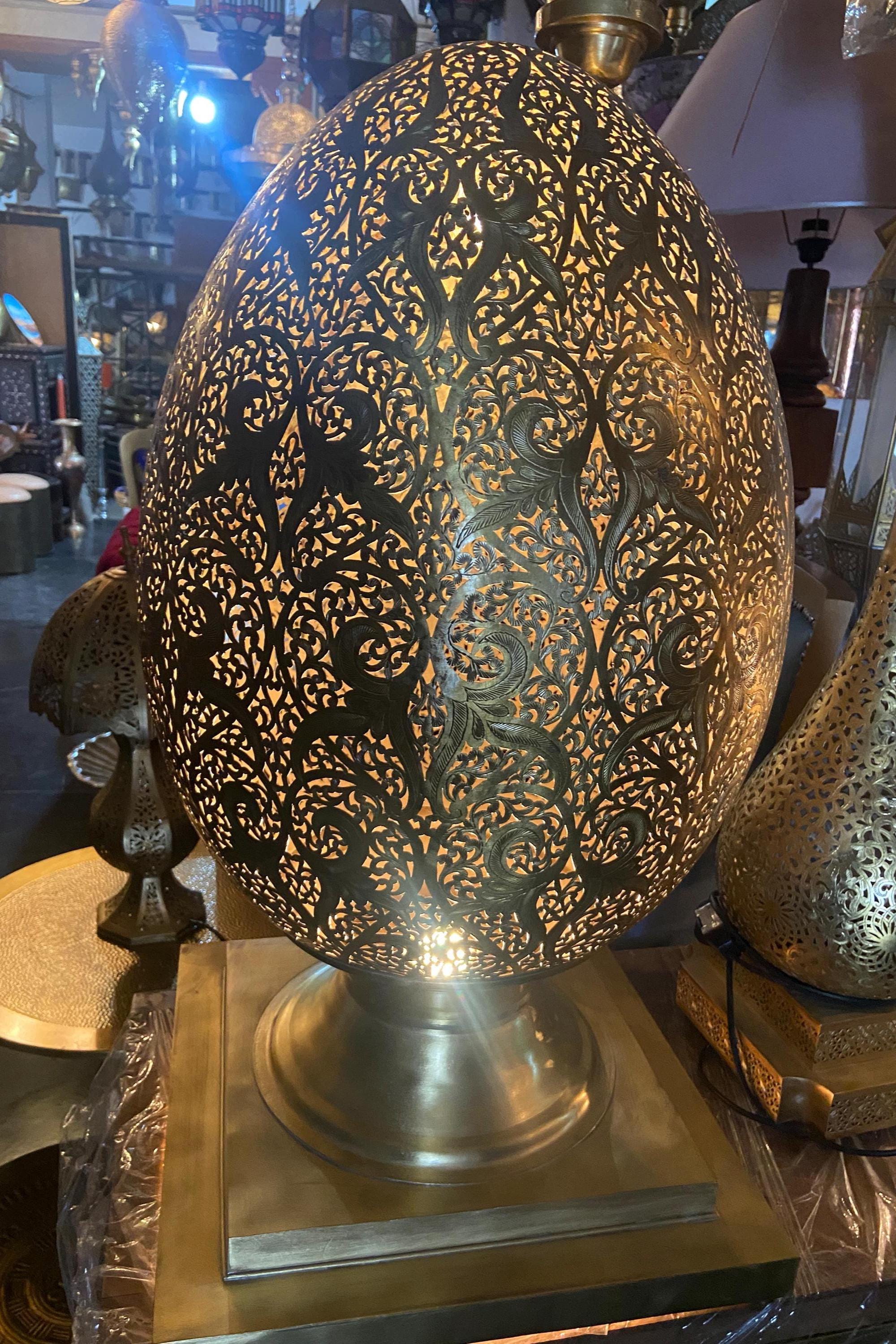 Large Moroccan Brass Teardrop Lamp: Handmade Filigree Floor Light