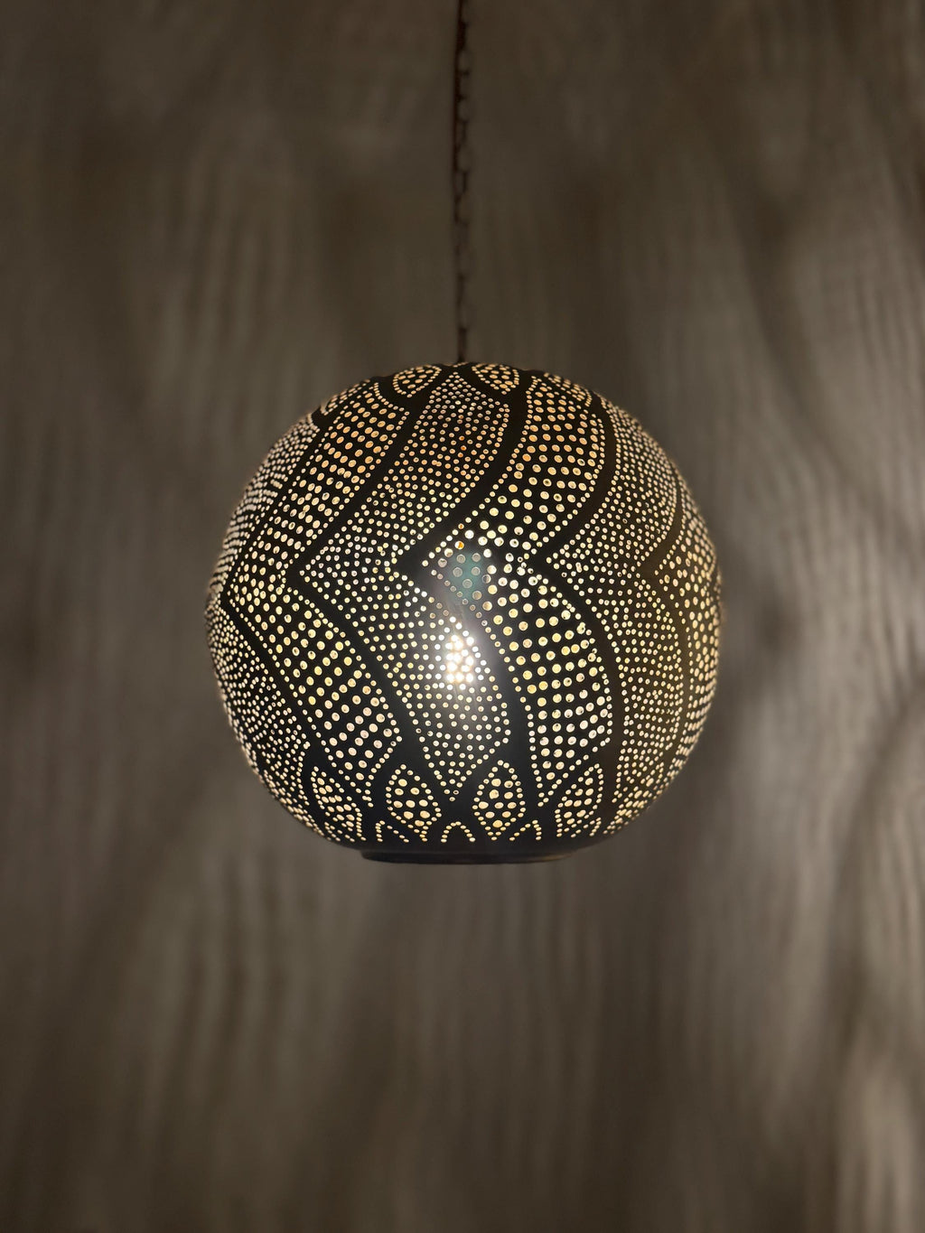 Organic Moroccan Sphere Lamp | Hand-Punched Leaf Pattern Brass Globe | Wavy Shadow Pendant | Marrakech Craft