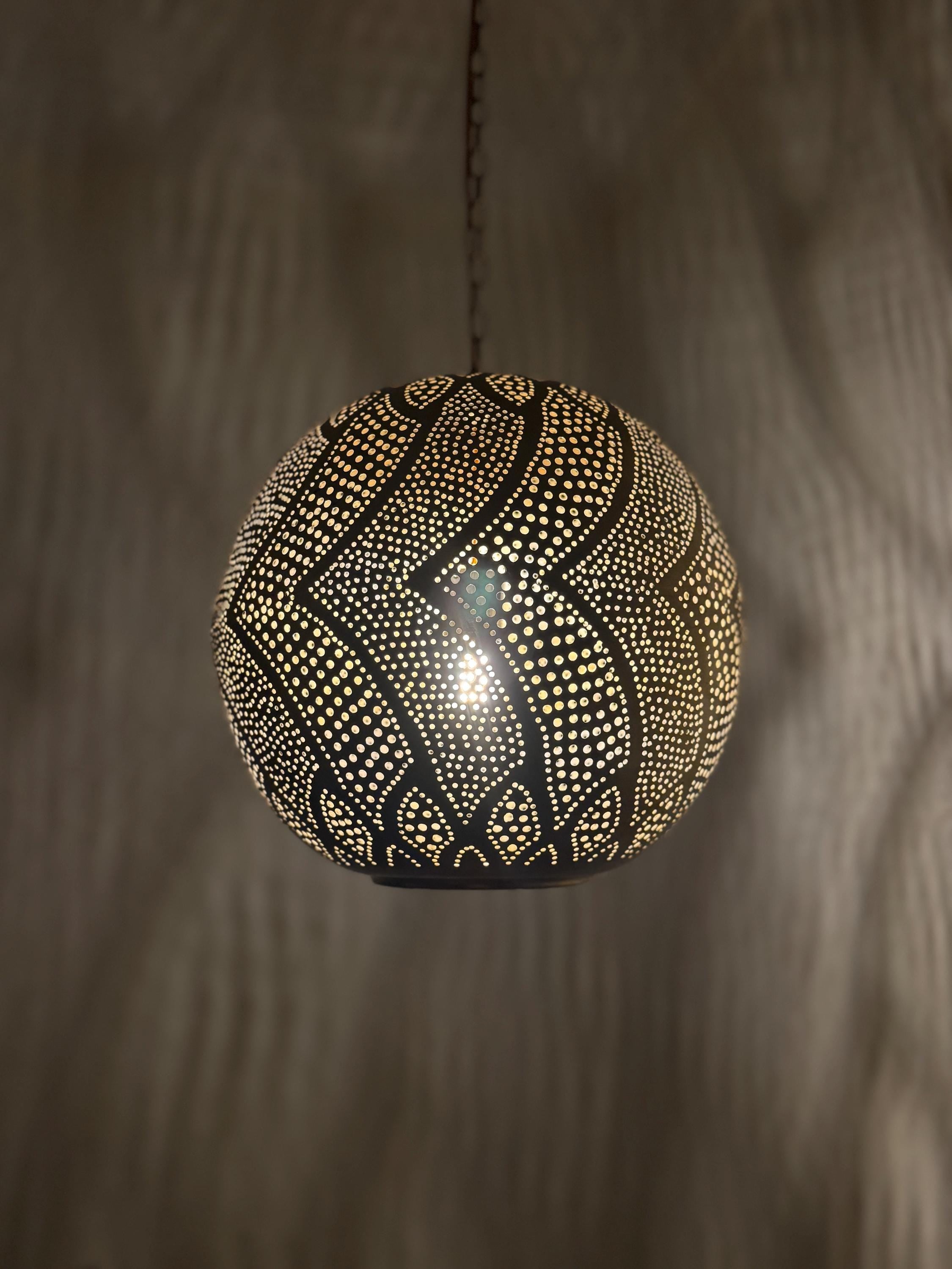 Organic Moroccan Sphere Lamp | Hand-Punched Leaf Pattern Brass Globe | Wavy Shadow Pendant | Marrakech Craft