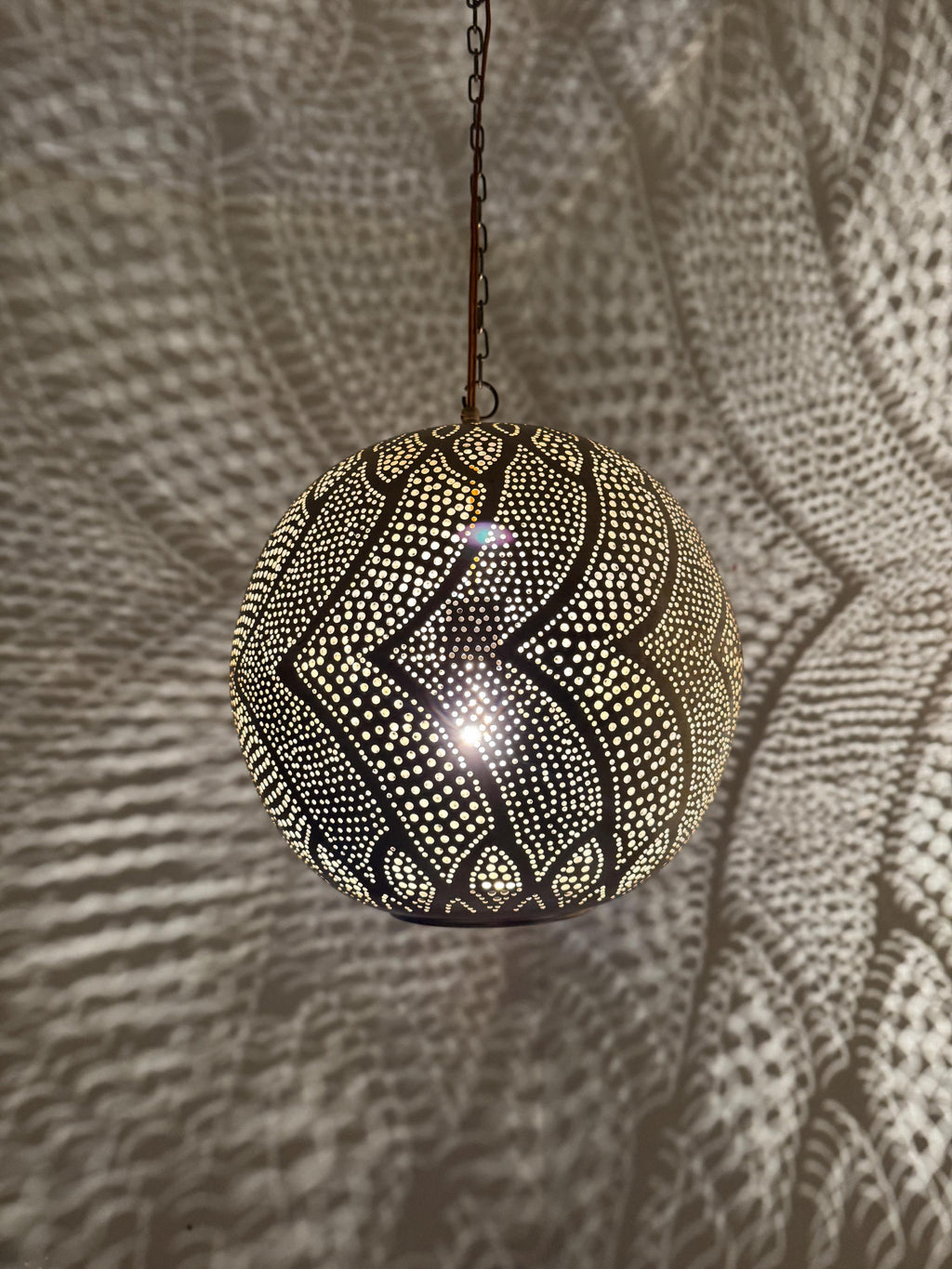 Organic Moroccan Sphere Lamp | Hand-Punched Leaf Pattern Brass Globe | Wavy Shadow Pendant | Marrakech Craft