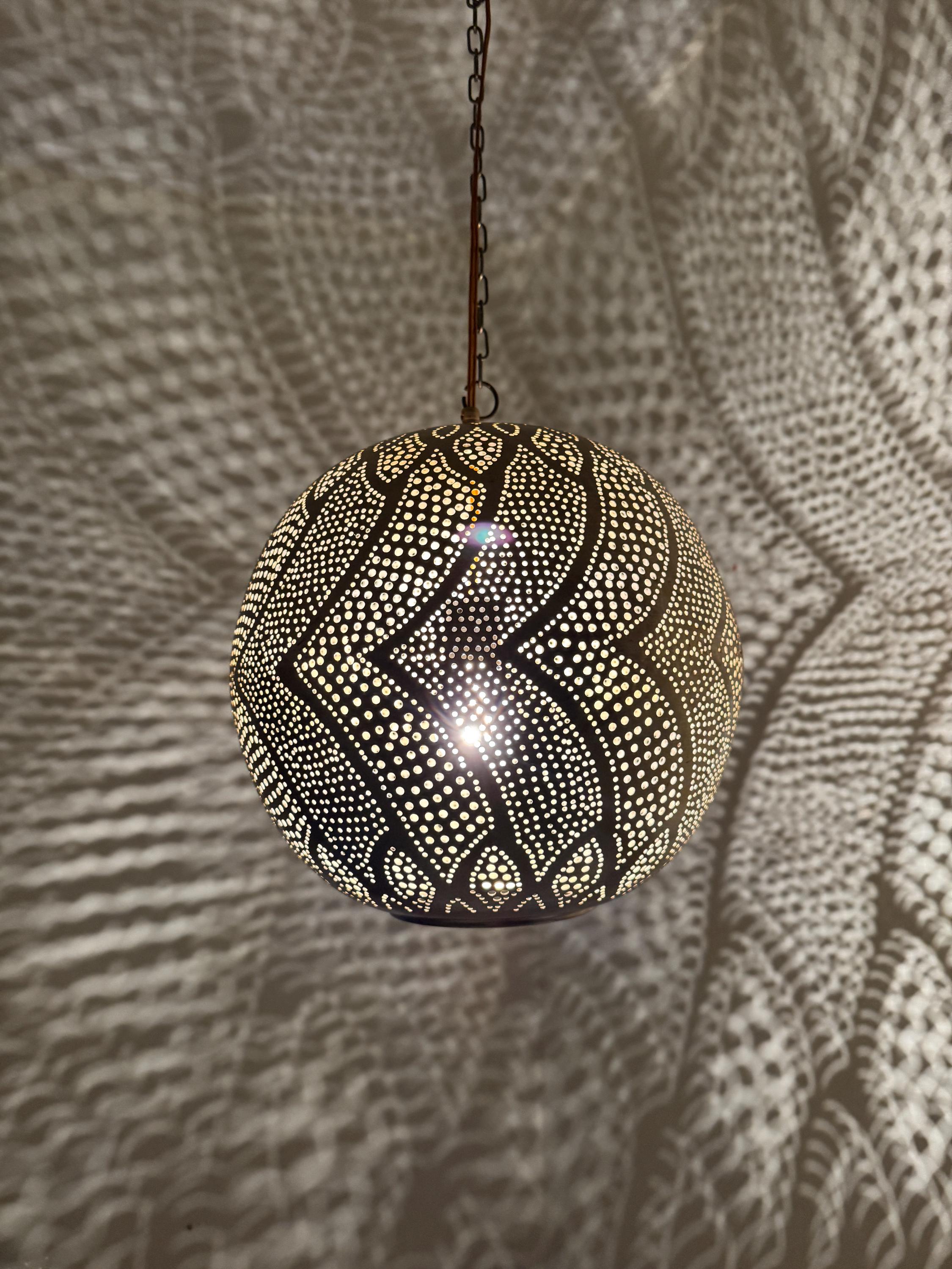Organic Moroccan Sphere Lamp | Hand-Punched Leaf Pattern Brass Globe | Wavy Shadow Pendant | Marrakech Craft