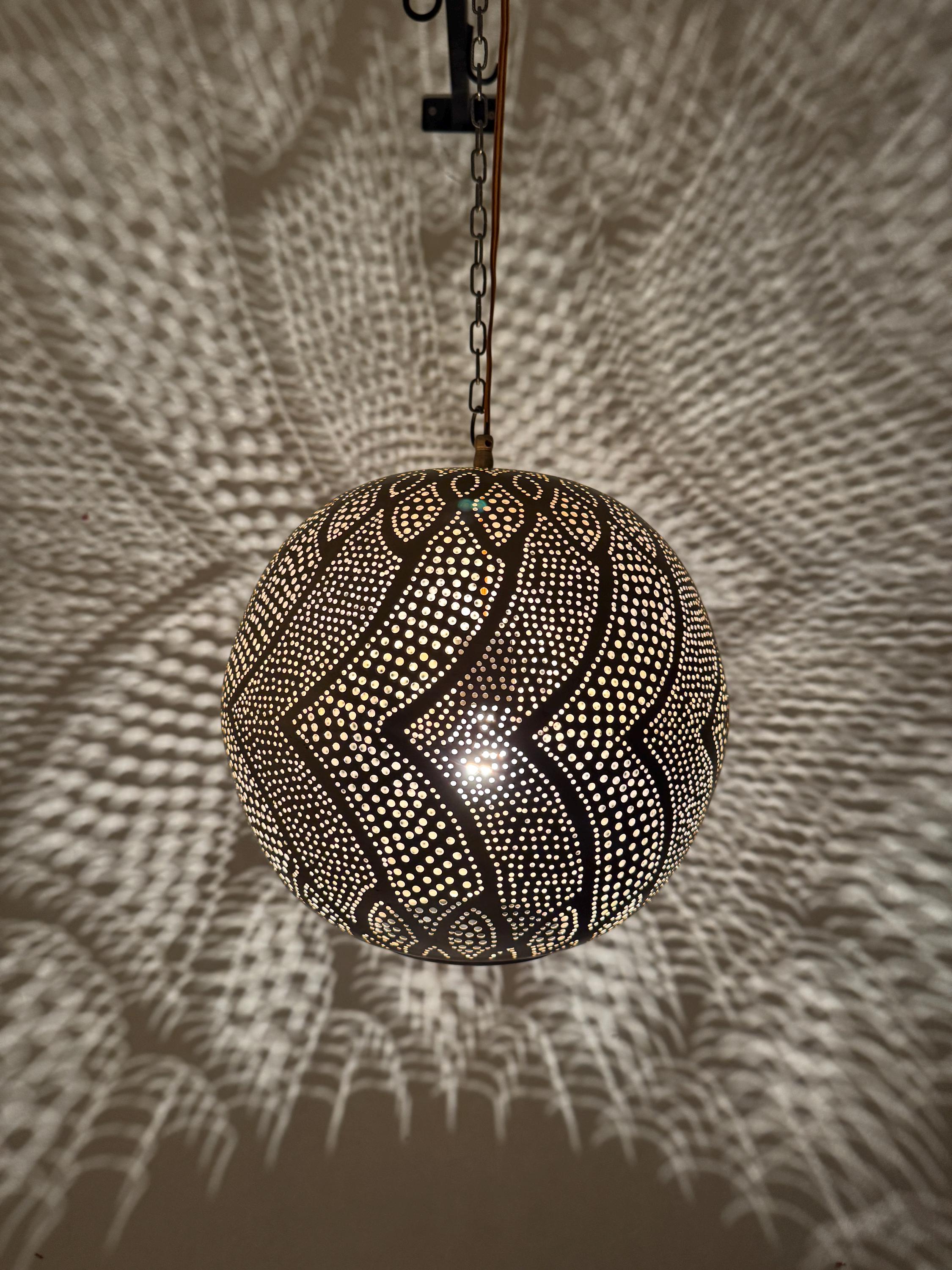 Organic Moroccan Sphere Lamp | Hand-Punched Leaf Pattern Brass Globe | Wavy Shadow Pendant | Marrakech Craft