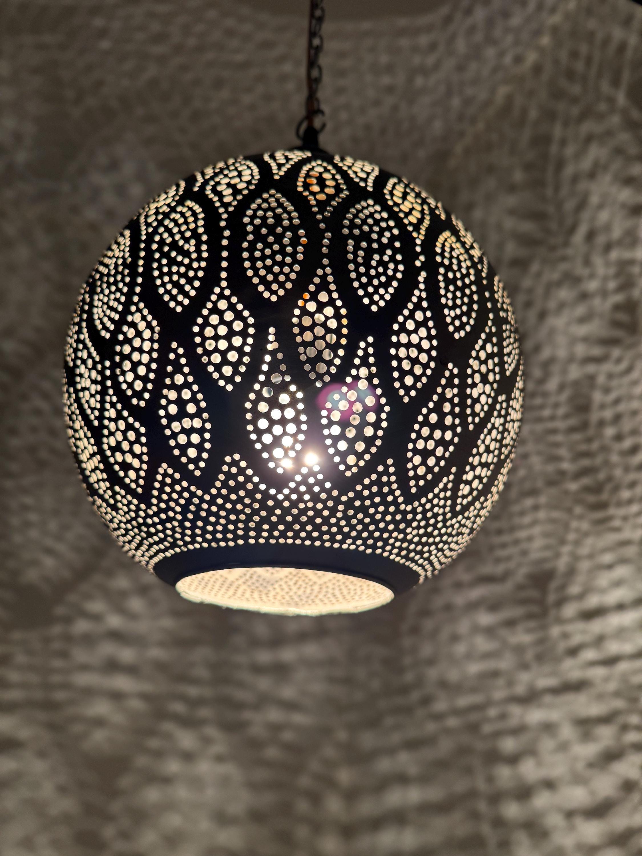 Moroccan Teardrop Pendant Light | Hand-Punched Brass Lamp | Eye Pattern Shadow Light | Marrakech Artisan Craft