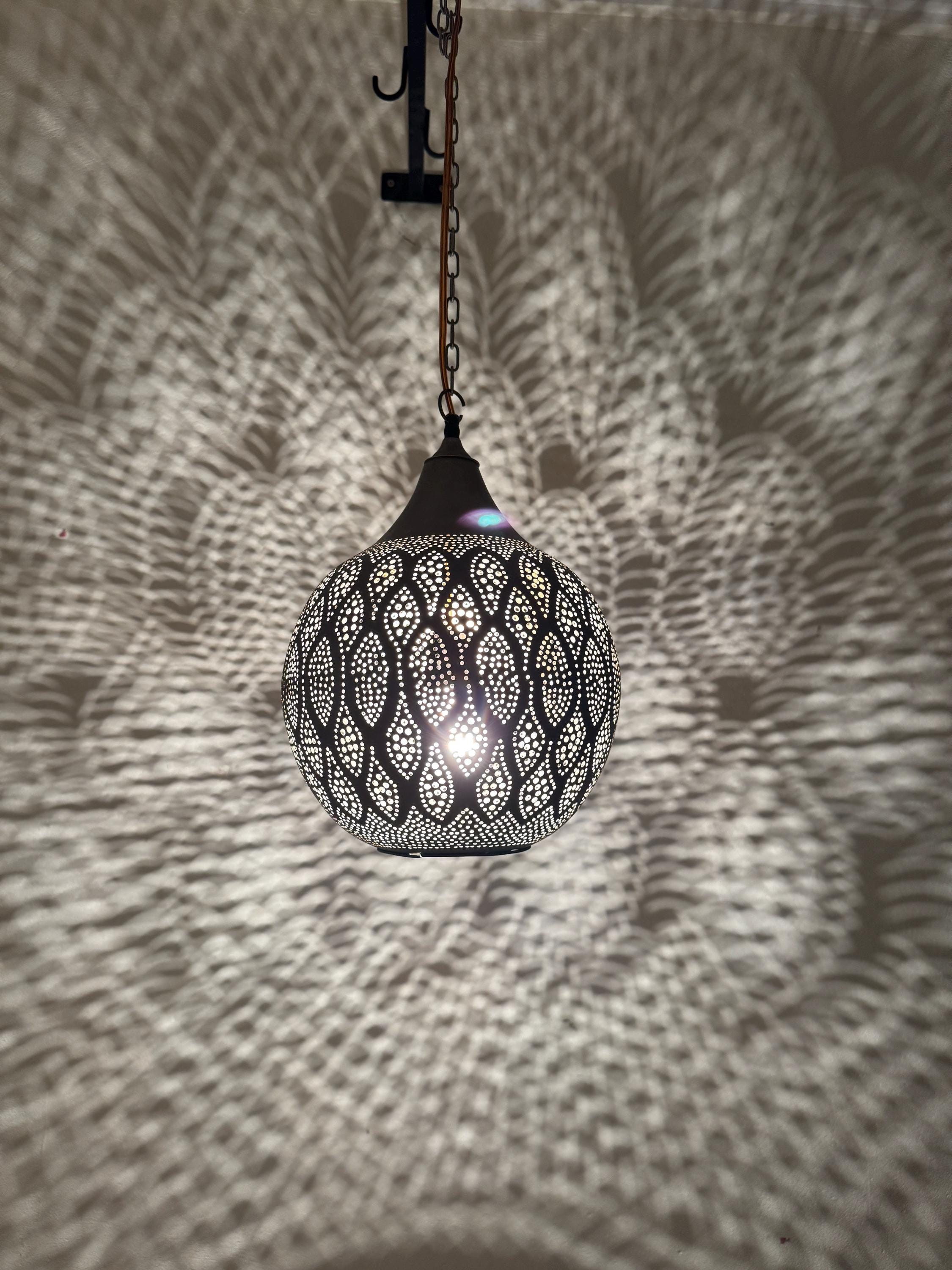 Moroccan Teardrop Pendant Light | Hand-Punched Brass Lamp | Eye Pattern Shadow Light | Marrakech Artisan Craft