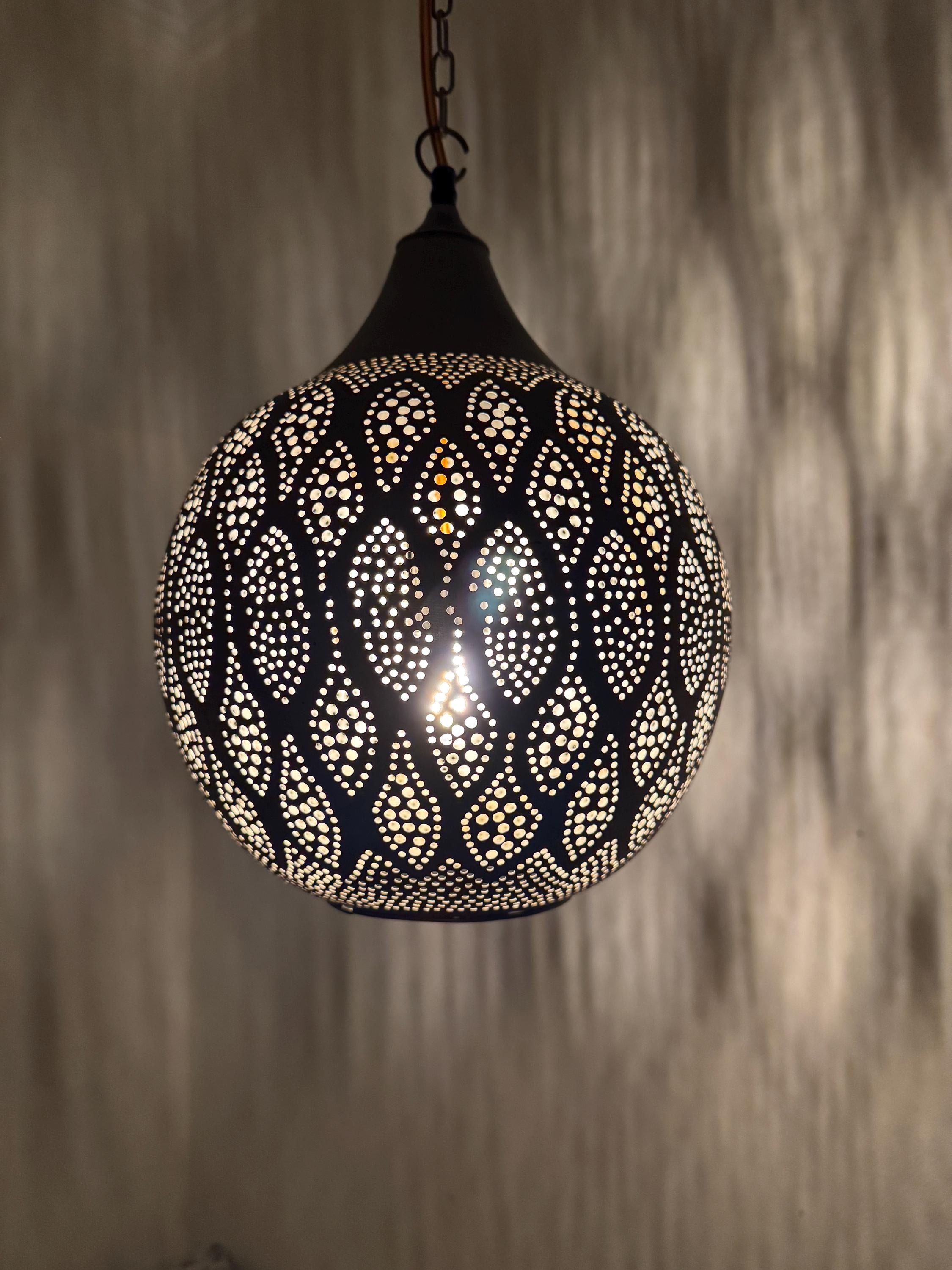Moroccan Teardrop Pendant Light | Hand-Punched Brass Lamp | Eye Pattern Shadow Light | Marrakech Artisan Craft