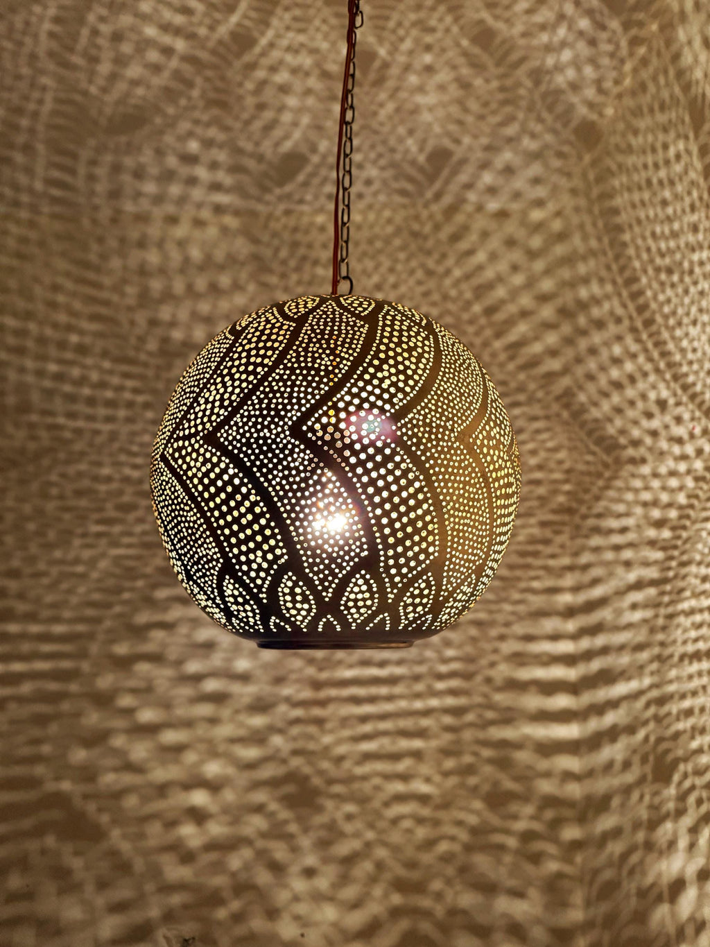 Organic Moroccan Sphere Lamp | Hand-Punched Leaf Pattern Brass Globe | Wavy Shadow Pendant | Marrakech Craft