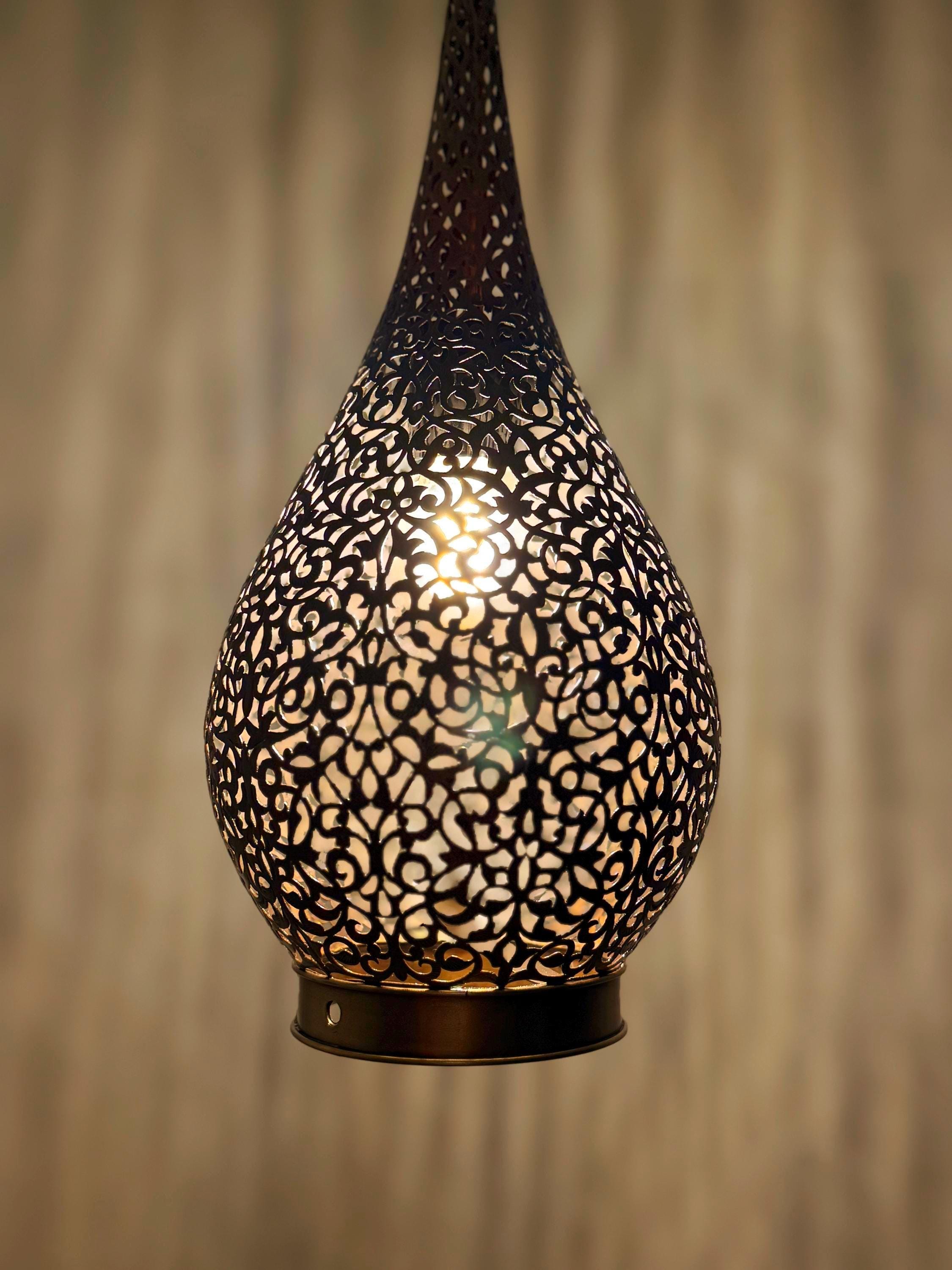 Elongated Teardrop Pendant | Moroccan Filigree Lamp | Hand-Cut Brass Vine Pattern Light | Marrakech Artisan