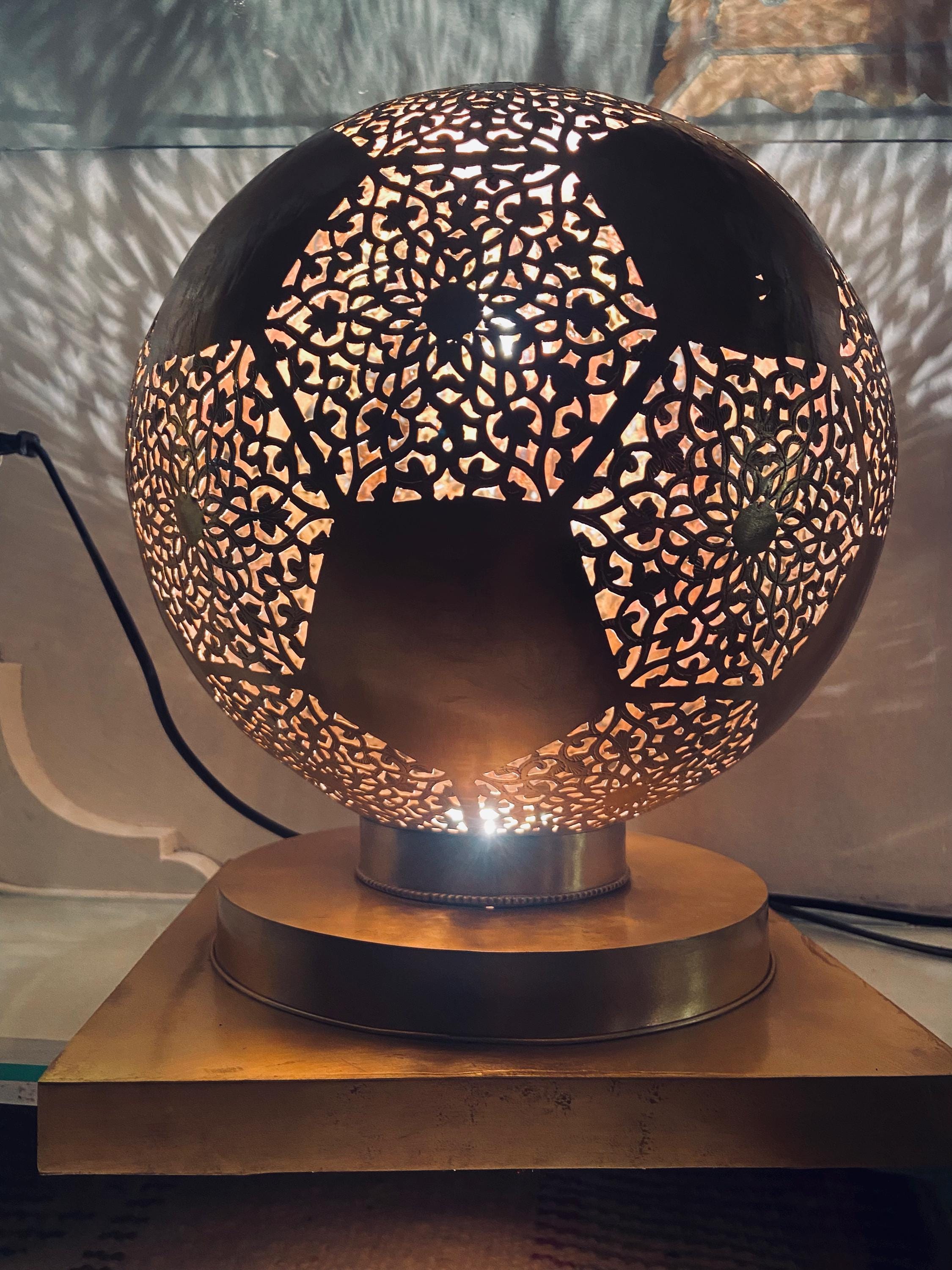 Handmade Moroccan Brass Globe Lamp: Pierced Sphere Shadow Light