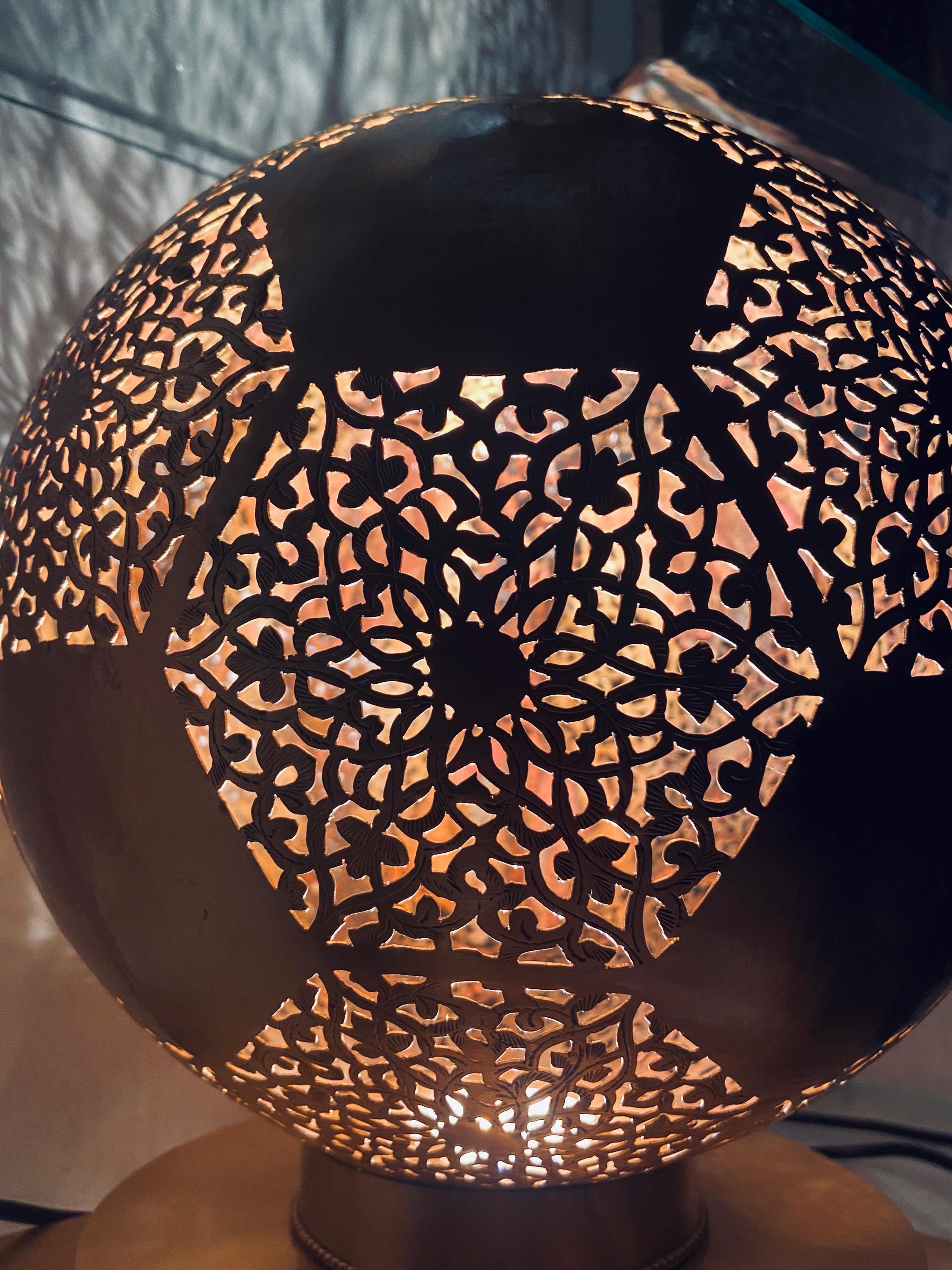 Handmade Moroccan Brass Globe Lamp: Pierced Sphere Shadow Light