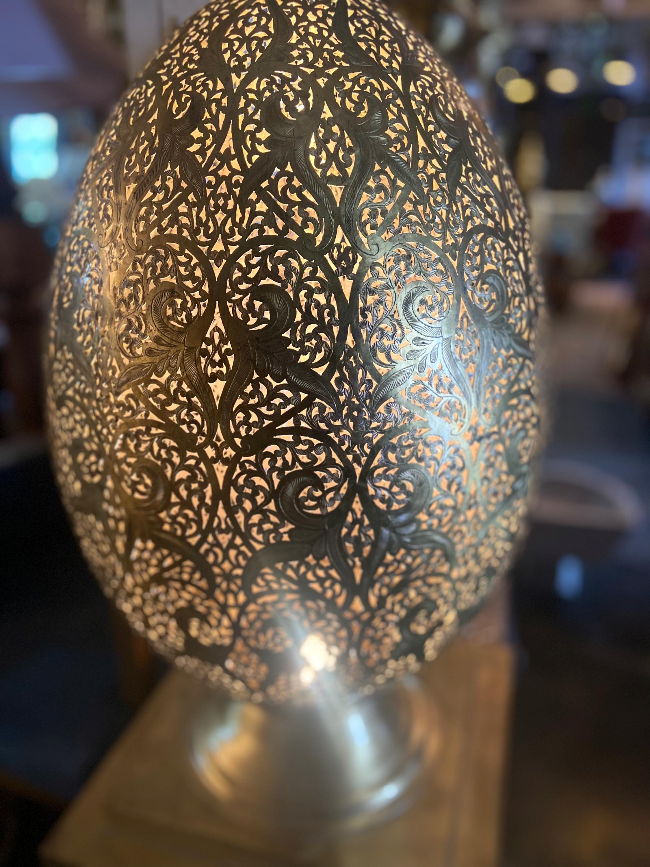 Large Moroccan Brass Teardrop Lamp: Handmade Filigree Floor Light