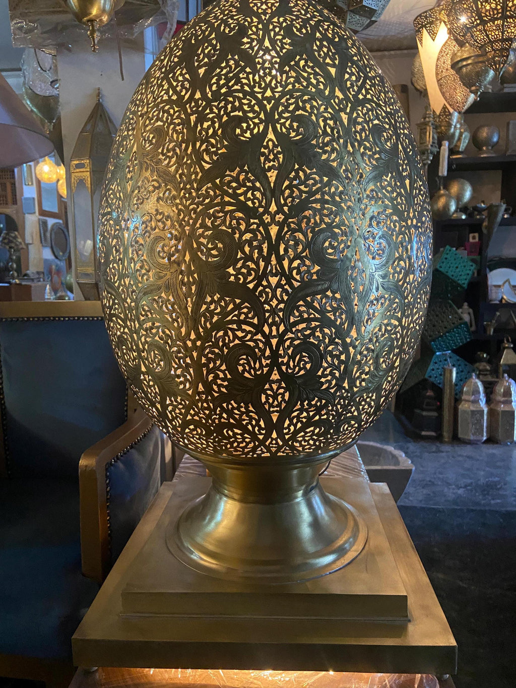 Large Moroccan Brass Teardrop Lamp: Handmade Filigree Floor Light