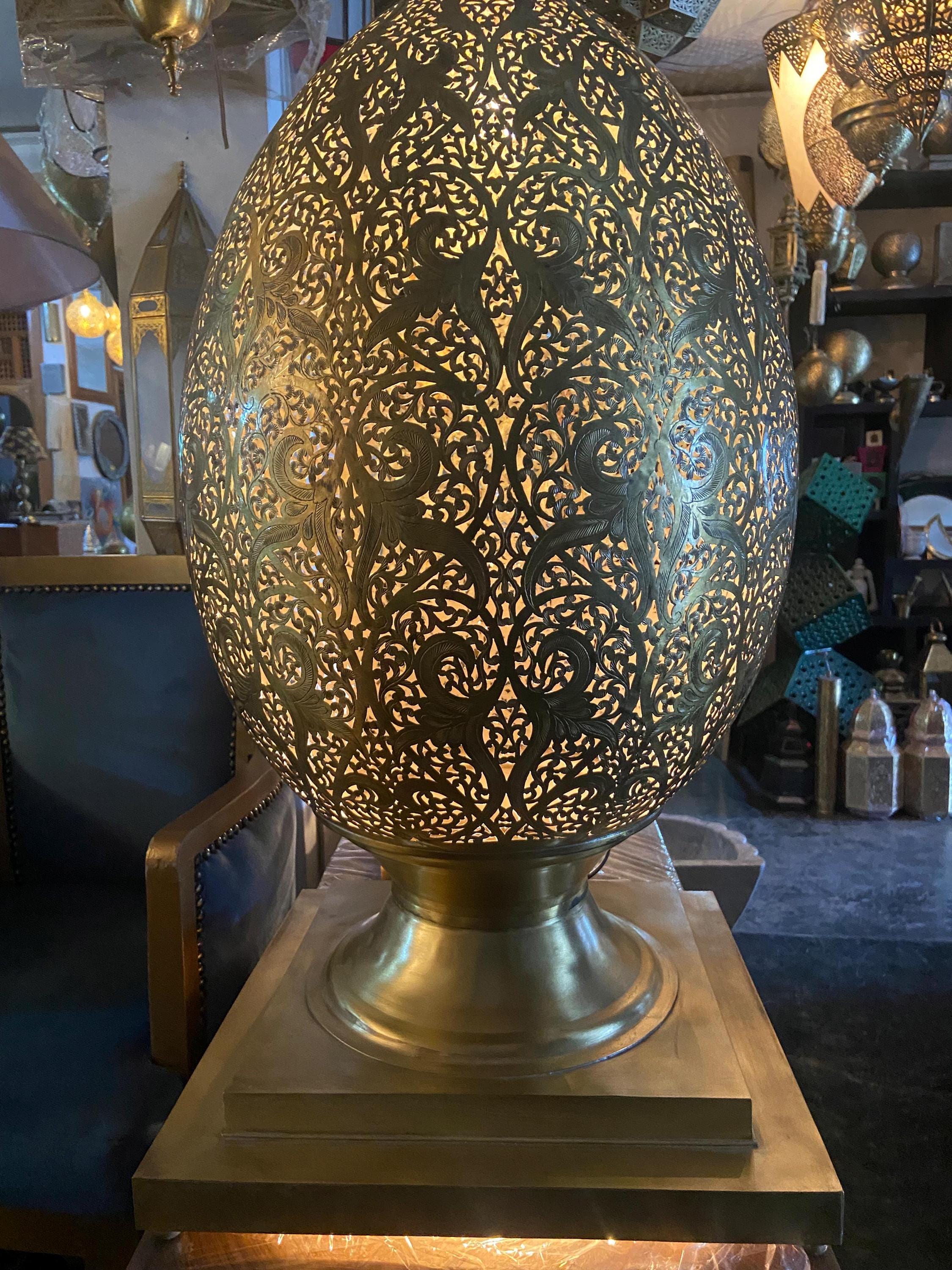 Large Moroccan Brass Teardrop Lamp: Handmade Filigree Floor Light
