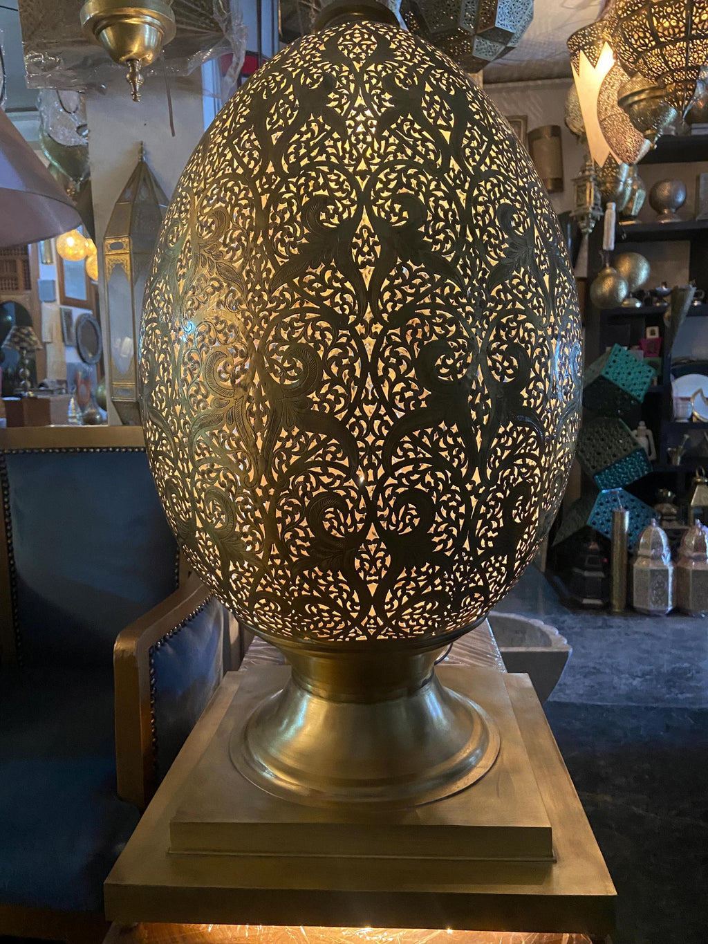 Large Moroccan Brass Teardrop Lamp: Handmade Filigree Floor Light