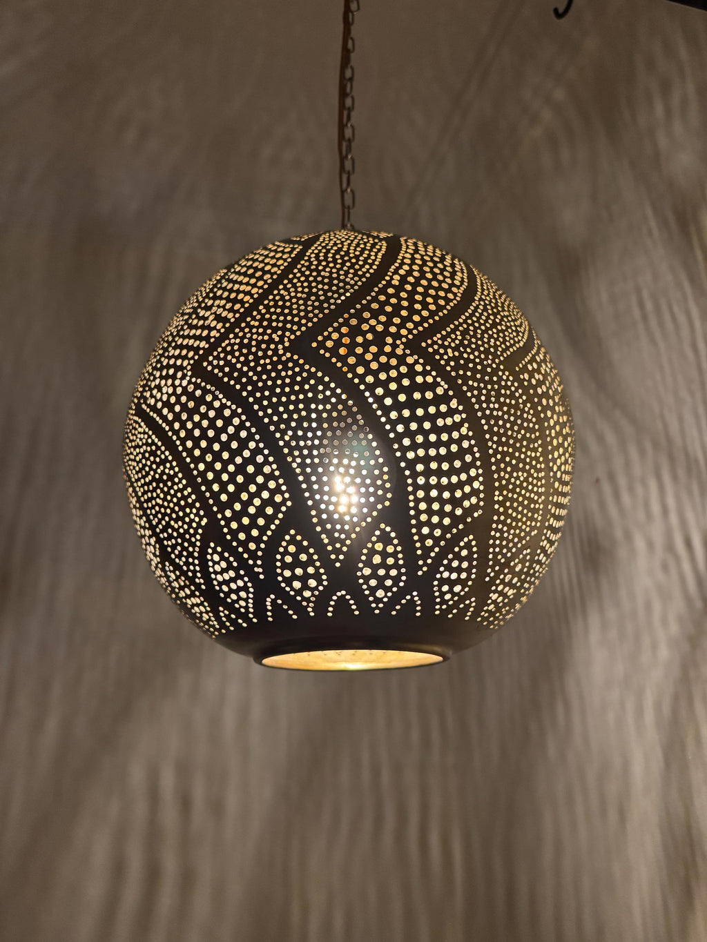 Organic Moroccan Sphere Lamp | Hand-Punched Leaf Pattern Brass Globe | Wavy Shadow Pendant | Marrakech Craft