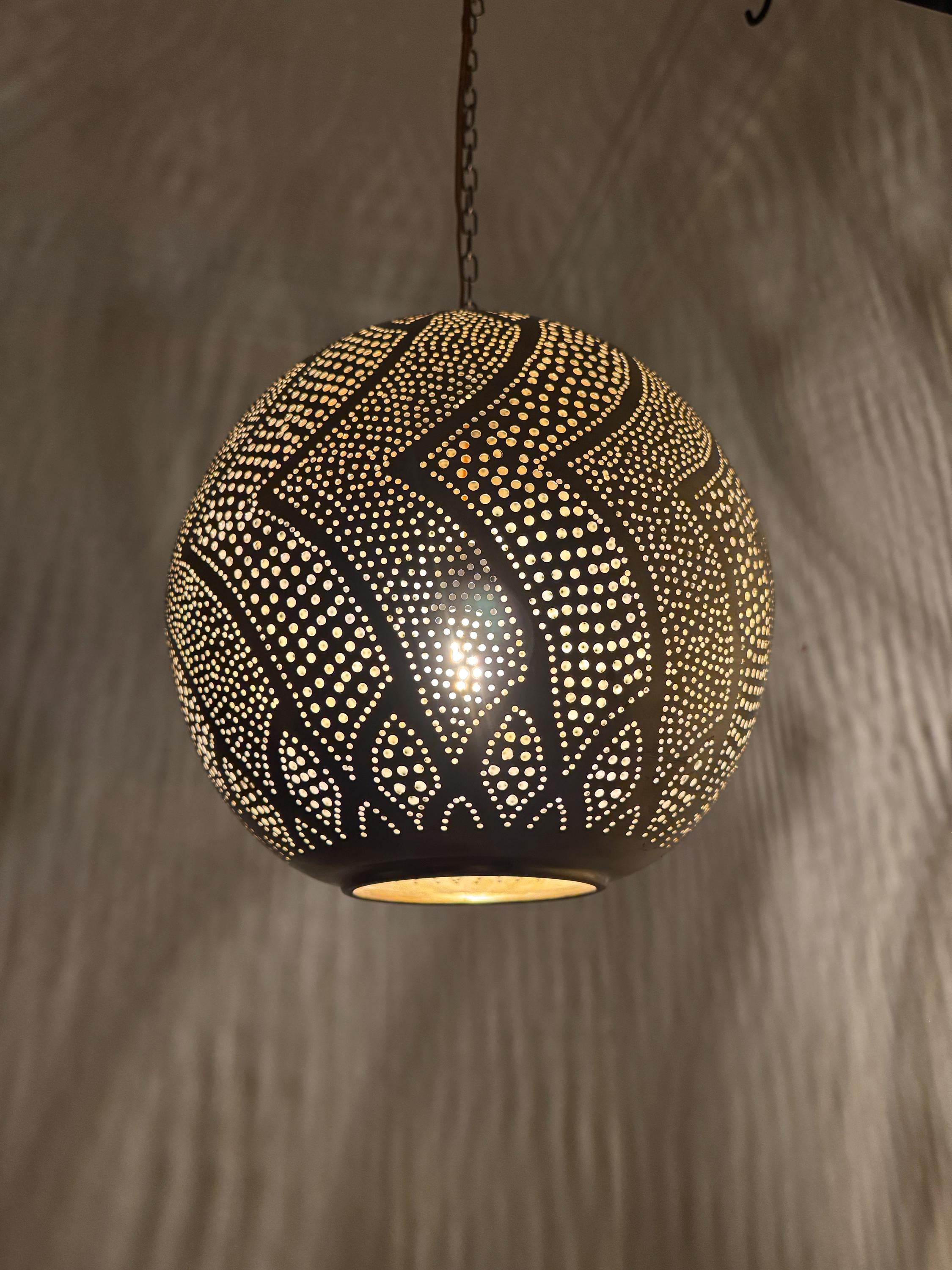 Organic Moroccan Sphere Lamp | Hand-Punched Leaf Pattern Brass Globe | Wavy Shadow Pendant | Marrakech Craft