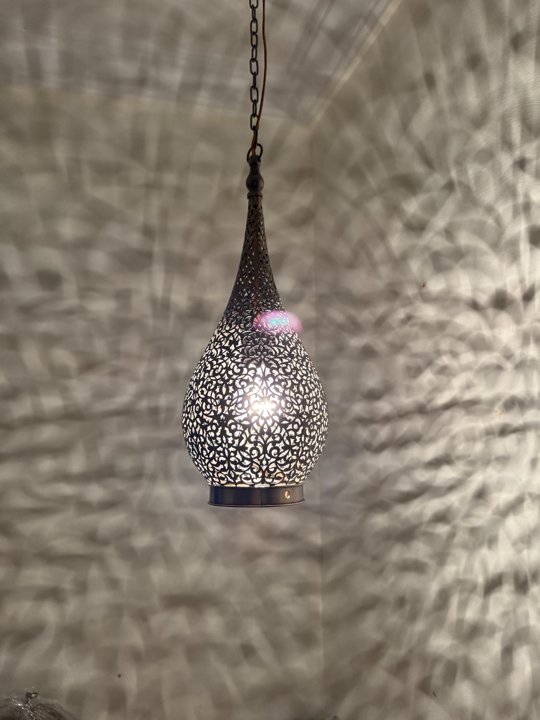 Elongated Teardrop Pendant | Moroccan Filigree Lamp | Hand-Cut Brass Vine Pattern Light | Marrakech Artisan