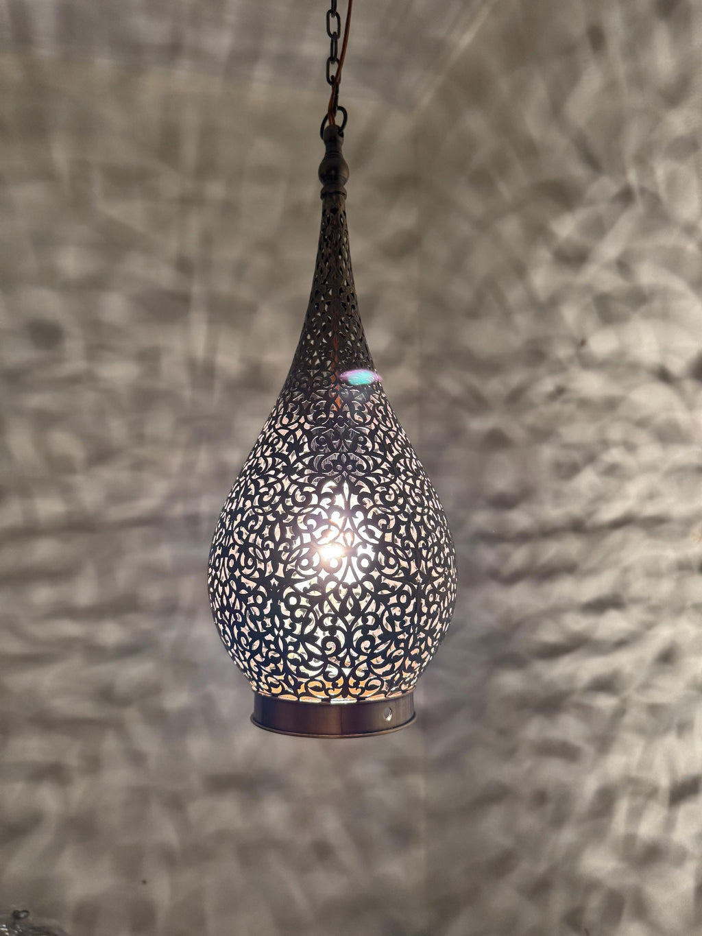 Elongated Teardrop Pendant | Moroccan Filigree Lamp | Hand-Cut Brass Vine Pattern Light | Marrakech Artisan
