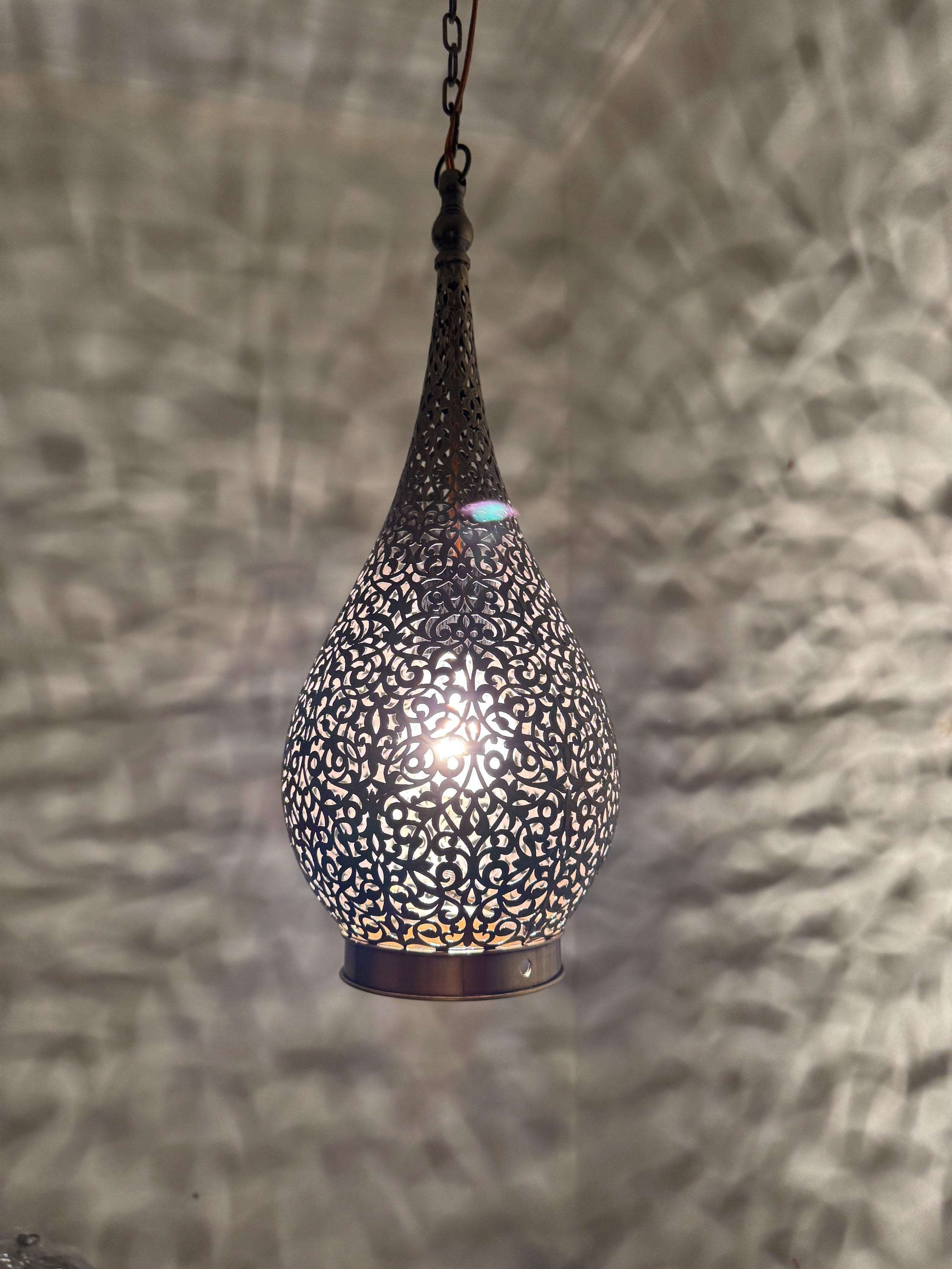 Elongated Teardrop Pendant | Moroccan Filigree Lamp | Hand-Cut Brass Vine Pattern Light | Marrakech Artisan