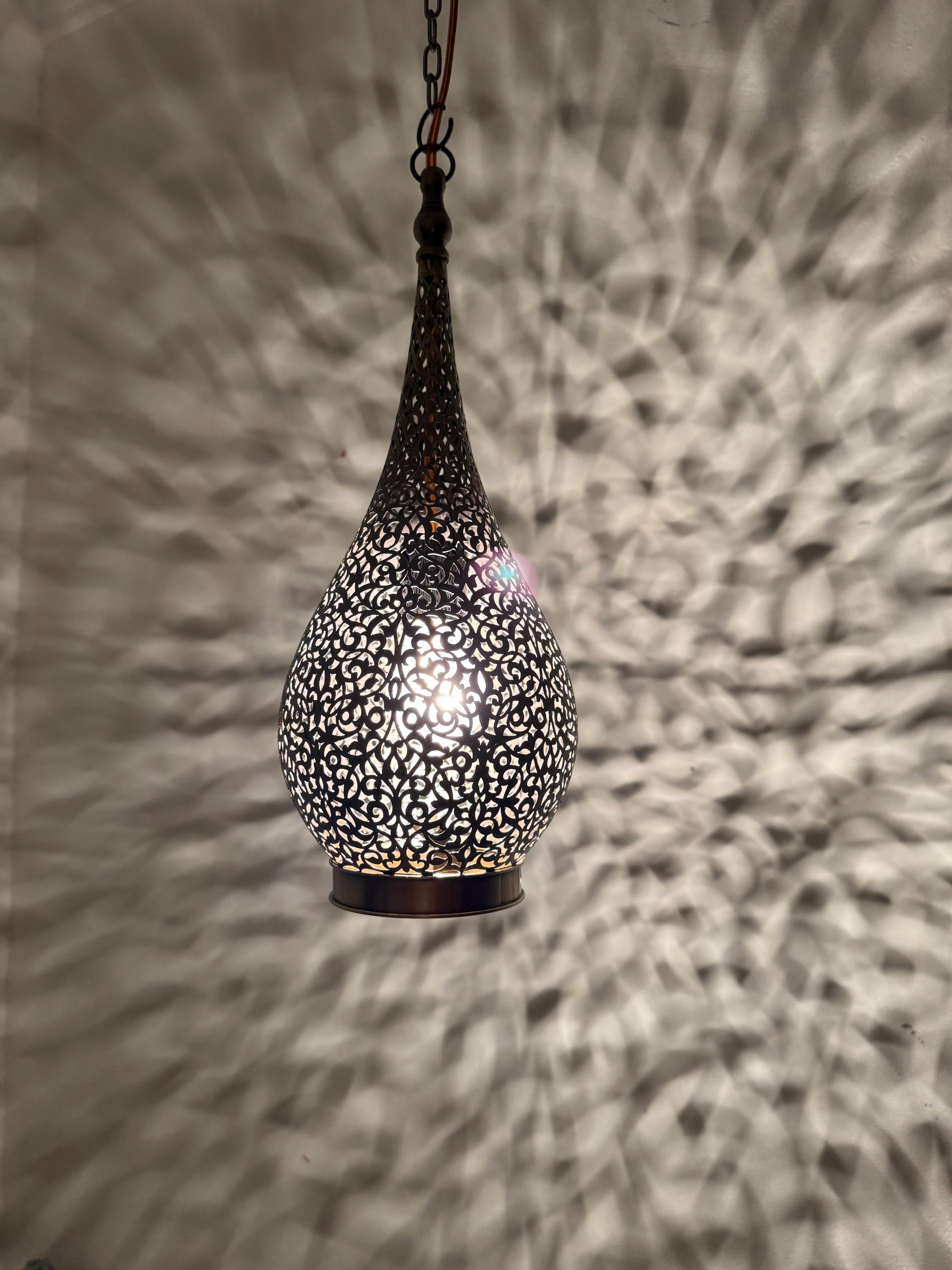 Elongated Teardrop Pendant | Moroccan Filigree Lamp | Hand-Cut Brass Vine Pattern Light | Marrakech Artisan
