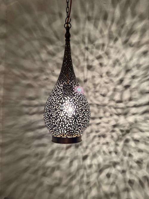 Elongated Teardrop Pendant | Moroccan Filigree Lamp | Hand-Cut Brass Vine Pattern Light | Marrakech Artisan