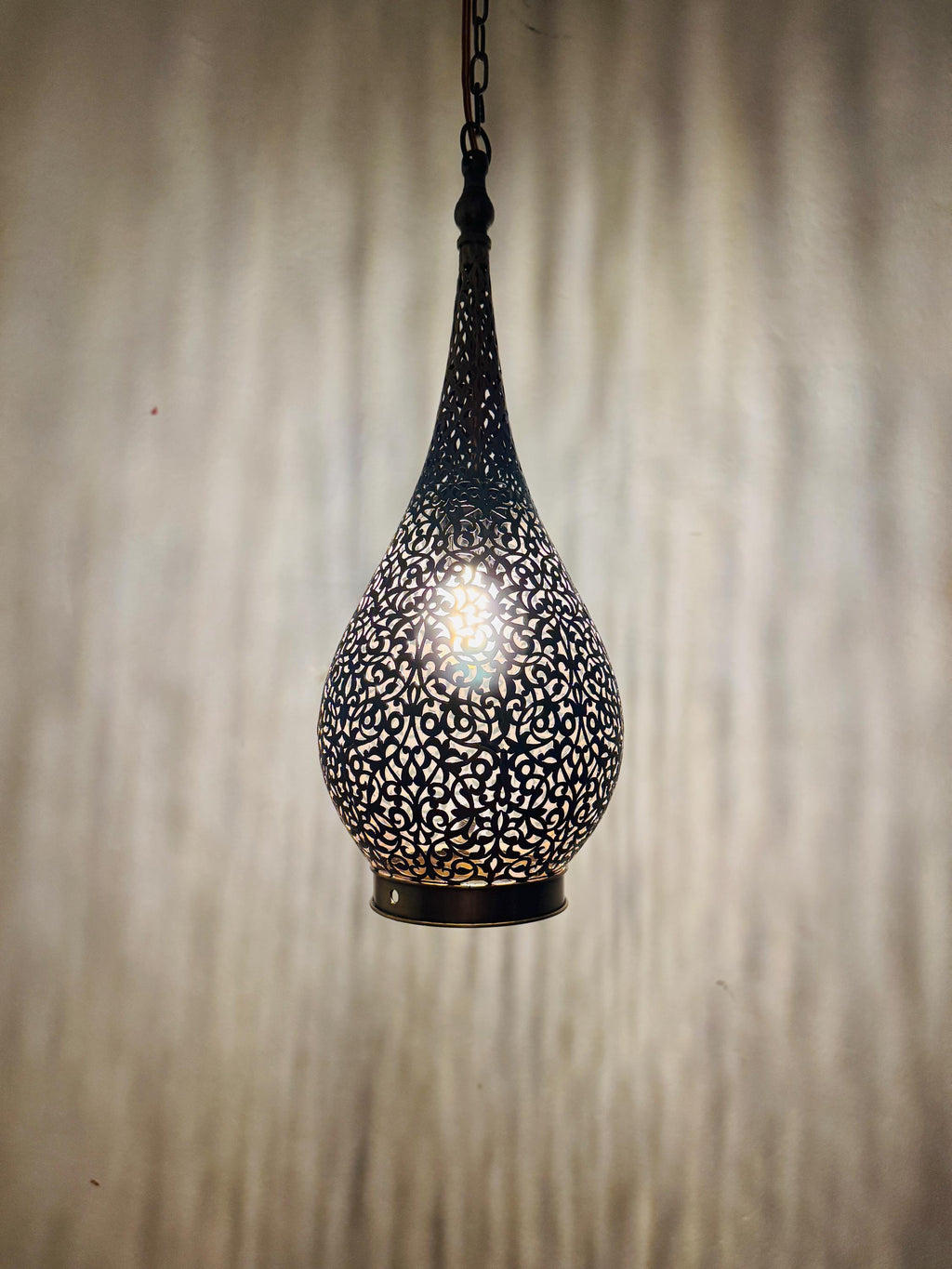 Elongated Teardrop Pendant | Moroccan Filigree Lamp | Hand-Cut Brass Vine Pattern Light | Marrakech Artisan