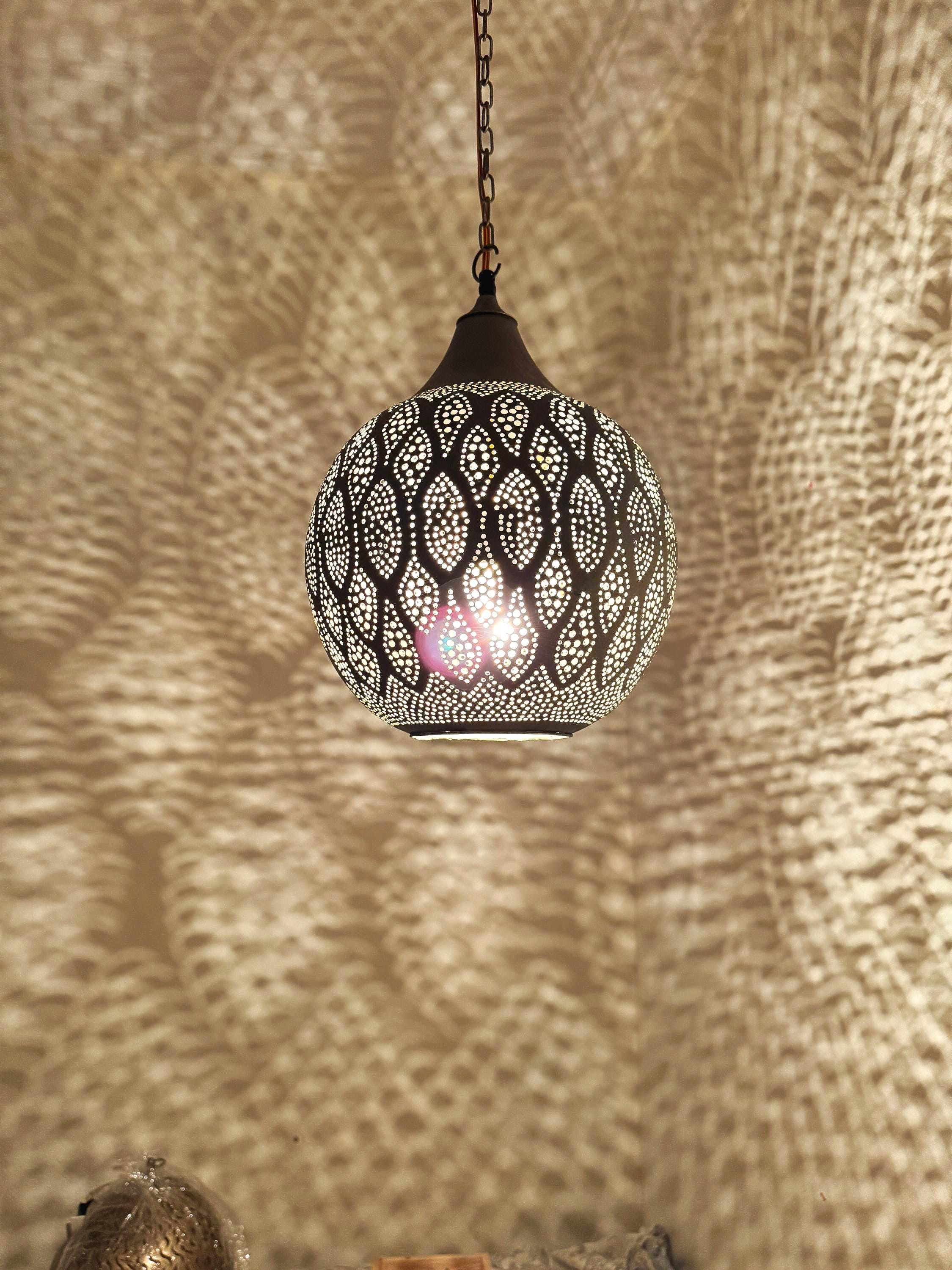 Moroccan Teardrop Pendant Light | Hand-Punched Brass Lamp | Eye Pattern Shadow Light | Marrakech Artisan Craft