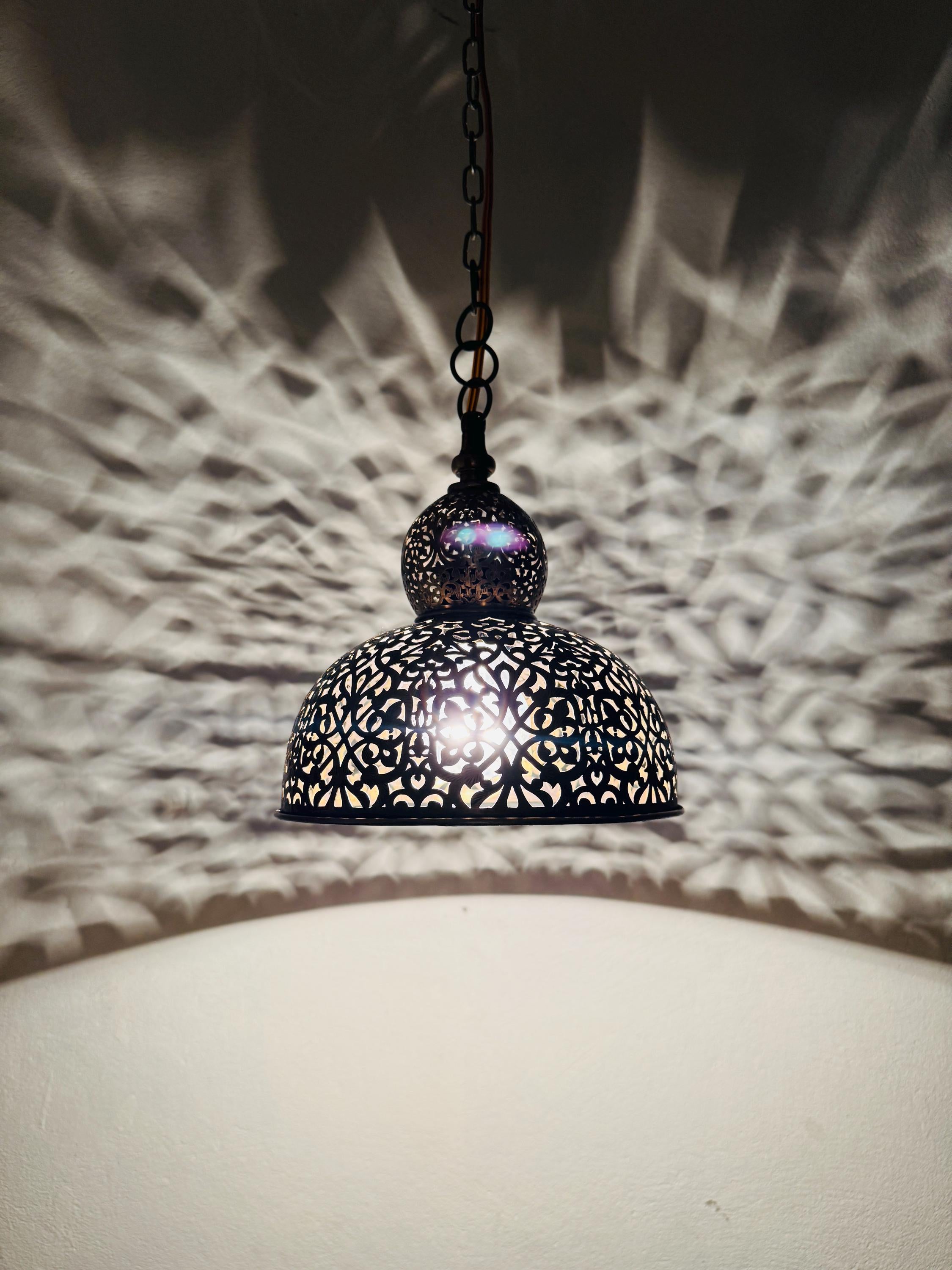 Moroccan Brass Pendant Light: Teardrop Eye Design, Includes Bulb