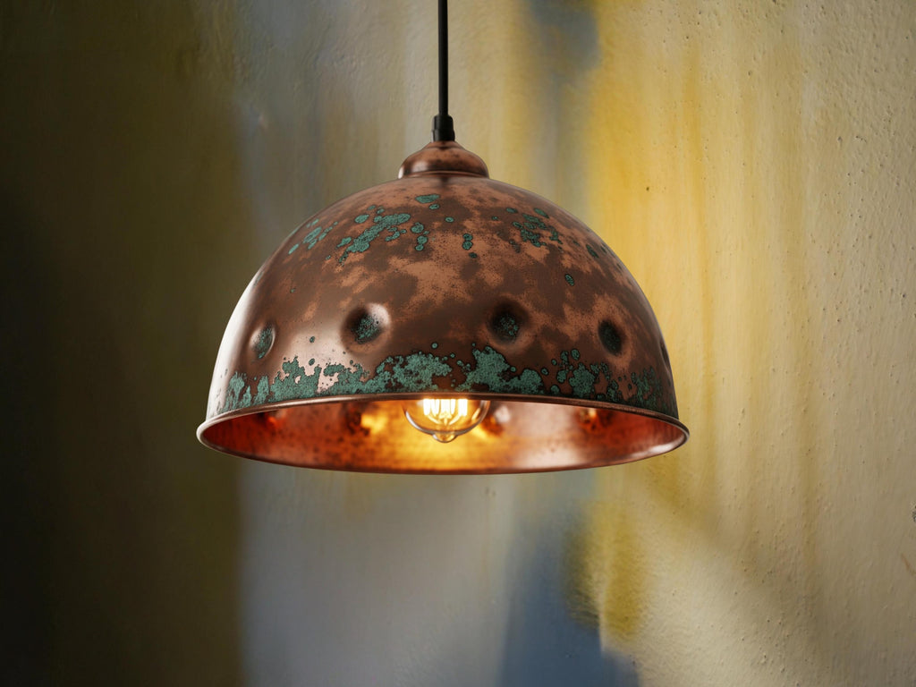 Handmade Hammered Copper Dome Pendant Light with Rustic Verdigris Patina - Industrial Farmhouse Ceiling Lamp