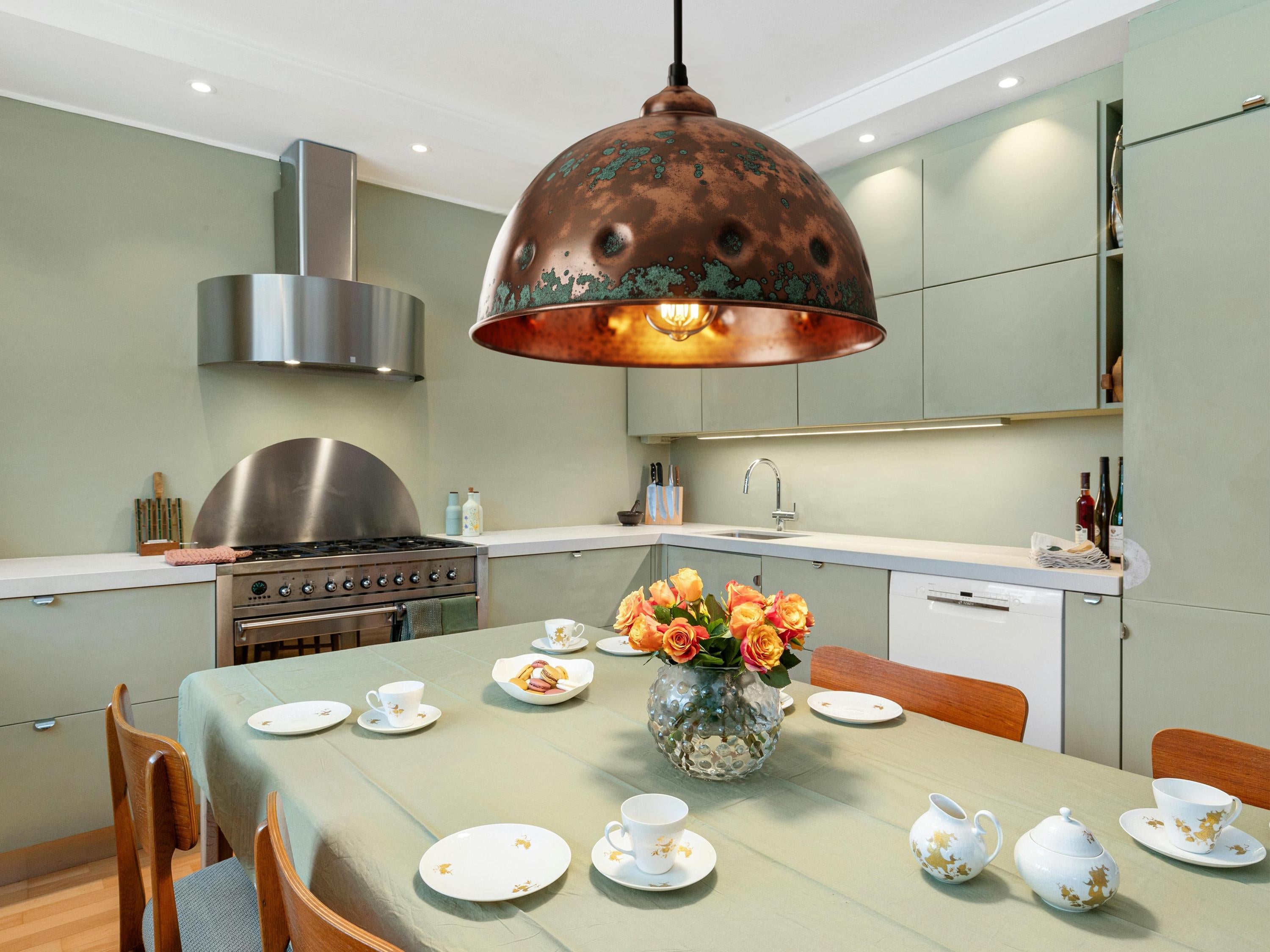 Handmade Hammered Copper Dome Pendant Light with Rustic Verdigris Patina - Industrial Farmhouse Ceiling Lamp