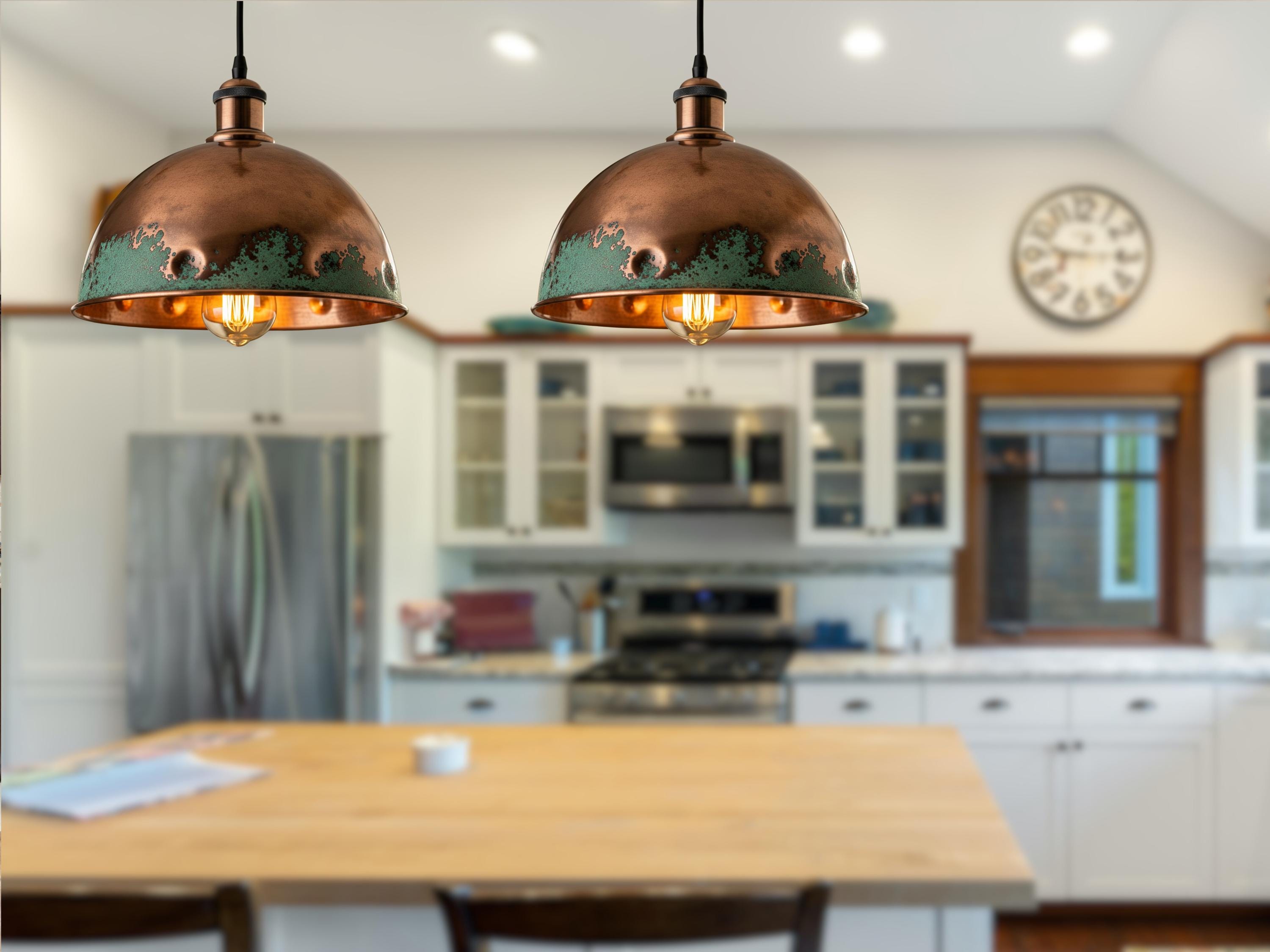 Hammered Copper Pendant Light: Green Patina Rustic Dome Lamp