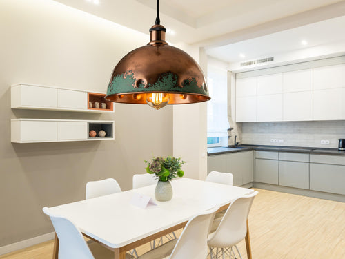 Hammered Copper Pendant Light: Green Patina Rustic Dome Lamp