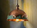 Hammered Copper Pendant Light: Green Patina Rustic Dome Lamp