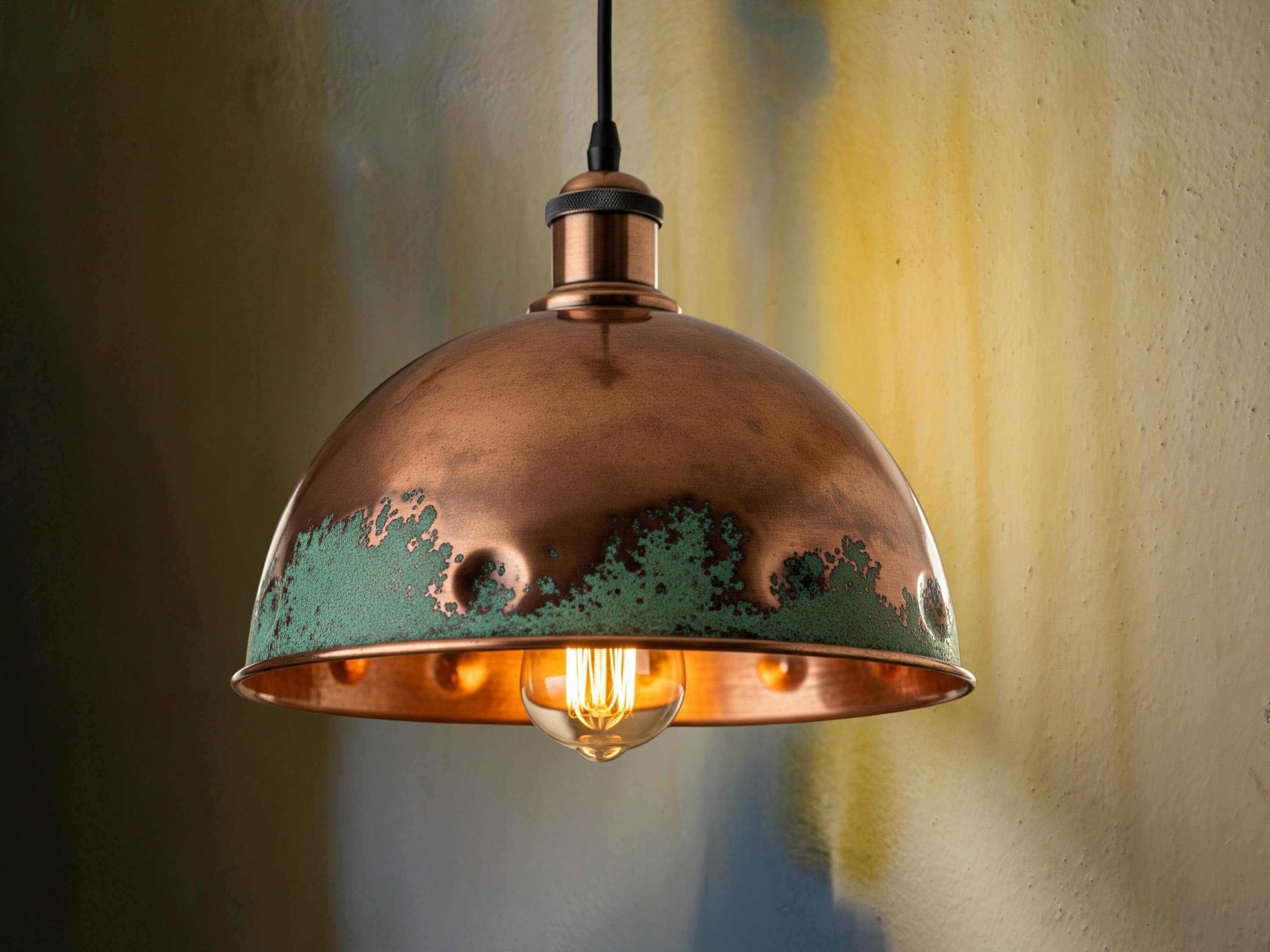 Hammered Copper Pendant Light: Green Patina Rustic Dome Lamp