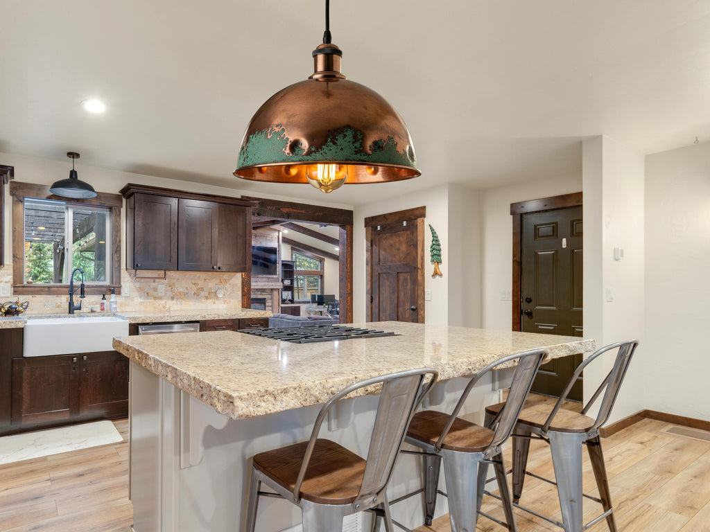 Hammered Copper Pendant Light: Green Patina Rustic Dome Lamp