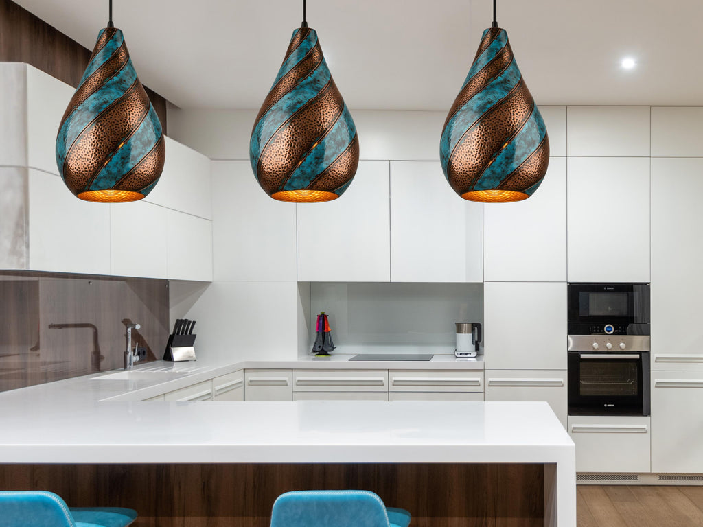 Swirl Teardrop Pendant Light - Hammered Copper with Blue Patina, Modern Pendant Ceiling Lamp