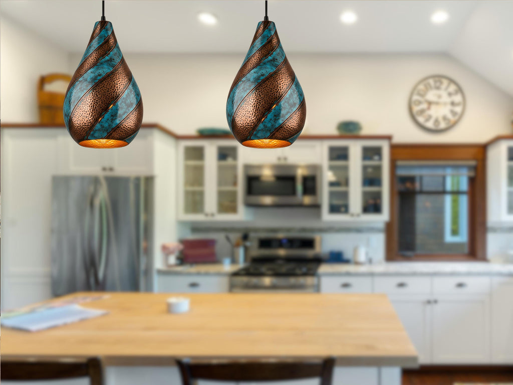 Swirl Teardrop Pendant Light - Hammered Copper with Blue Patina, Modern Pendant Ceiling Lamp