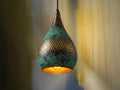 Swirl Teardrop Pendant Light - Hammered Copper with Blue Patina, Modern Moroccan Ceiling Lamp