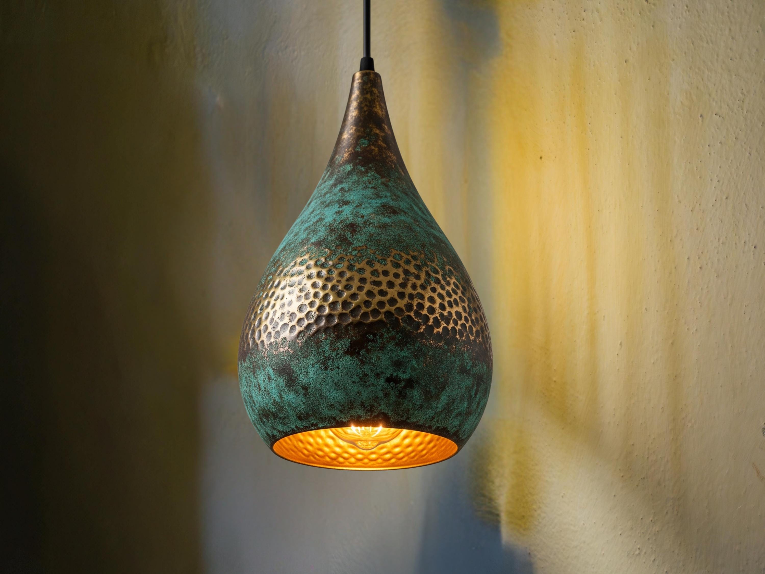 Swirl Teardrop Pendant Light - Hammered Copper with Blue Patina, Modern Moroccan Ceiling Lamp