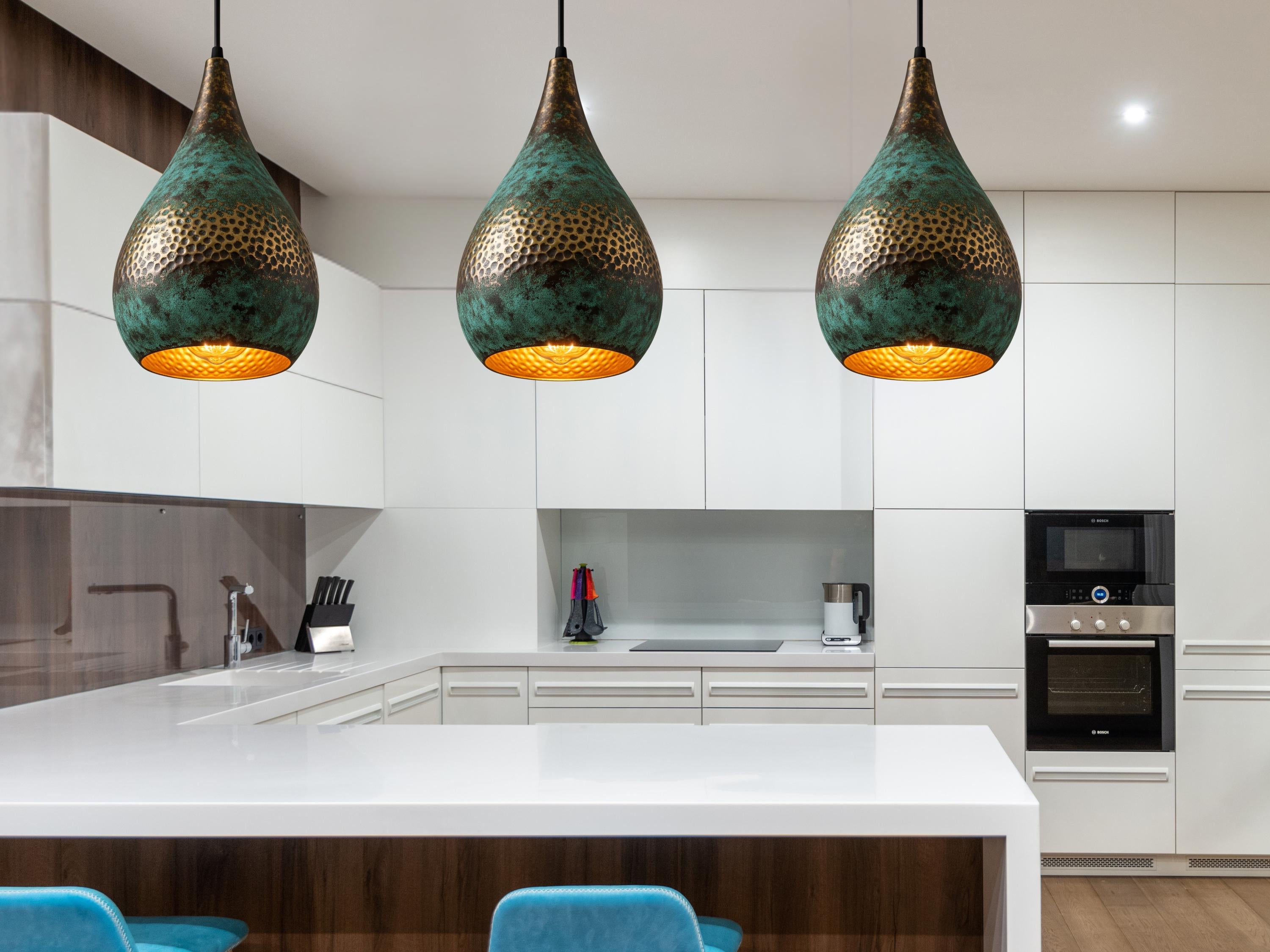 Swirl Teardrop Pendant Light - Hammered Copper with Blue Patina, Modern Moroccan Ceiling Lamp