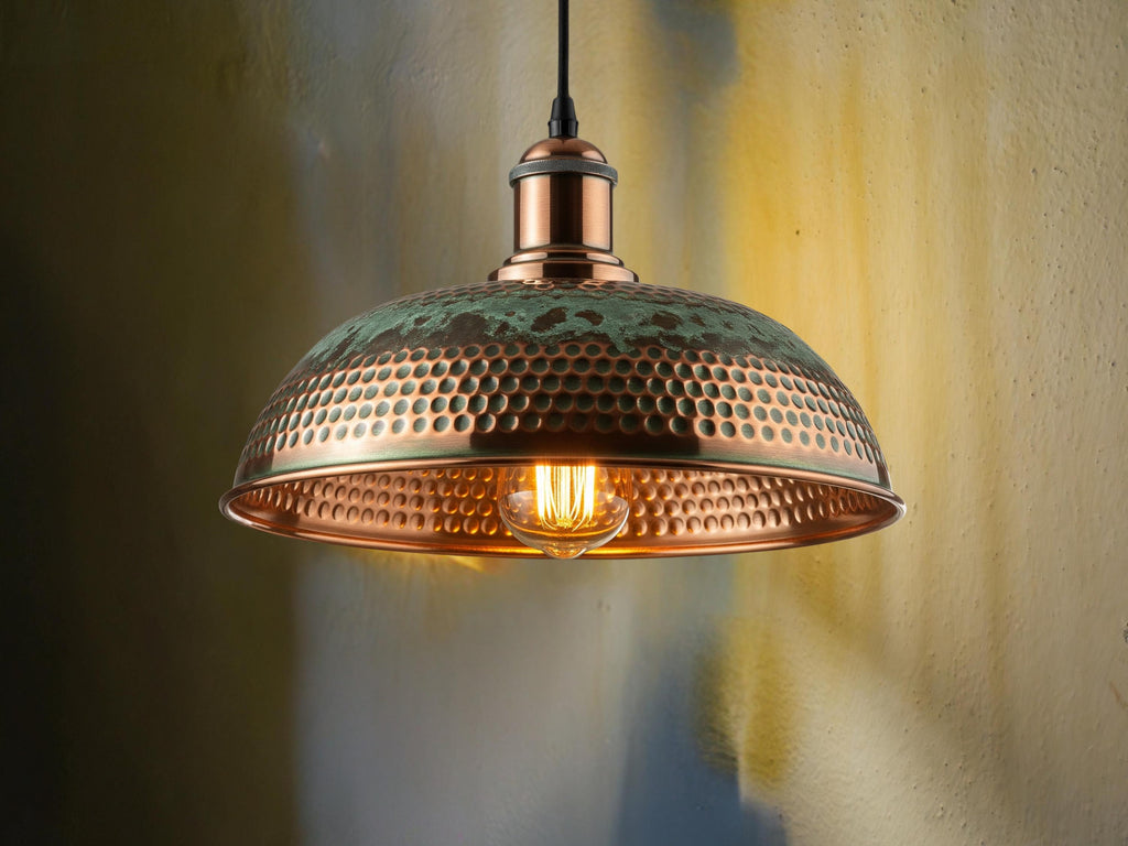 Hammered Dome Pendant, Polished Copper & Green Patina Light, Industrial Farmhouse Lamp