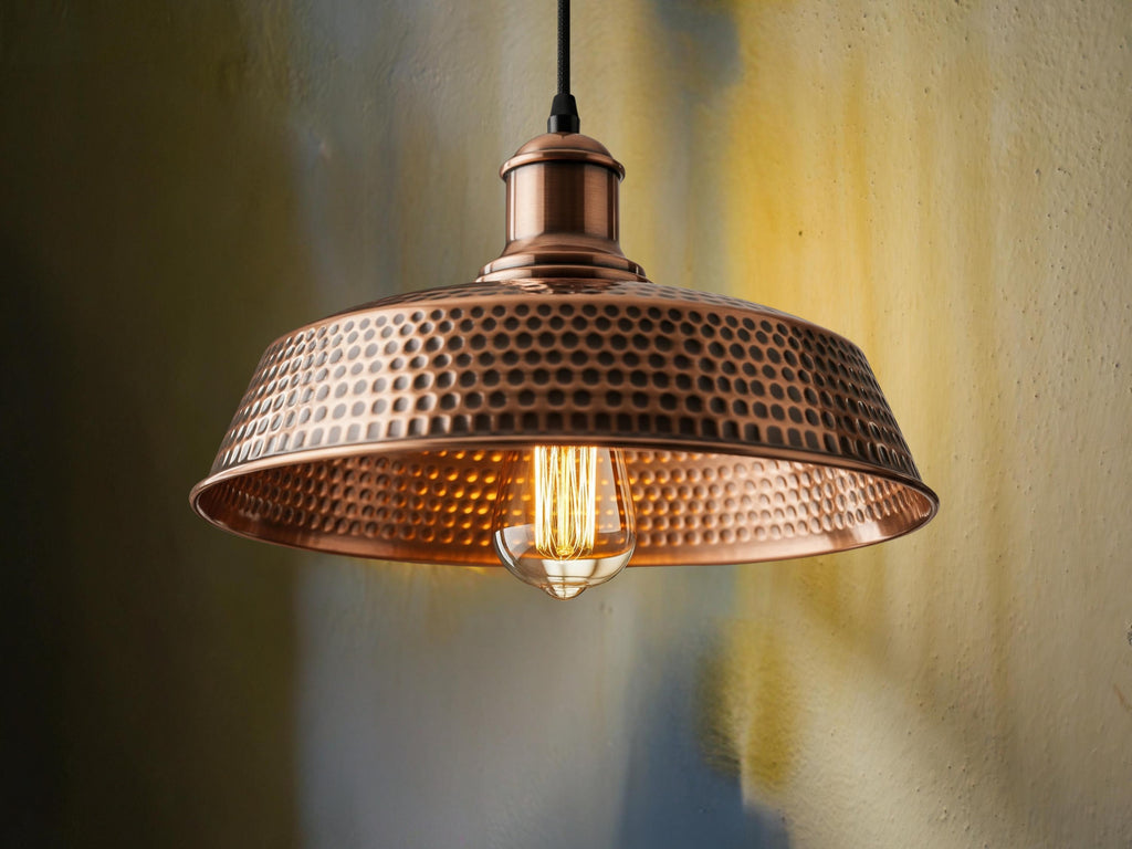 Hammered Dome Pendant, Polished Copper Light, Industrial Farmhouse Lamp