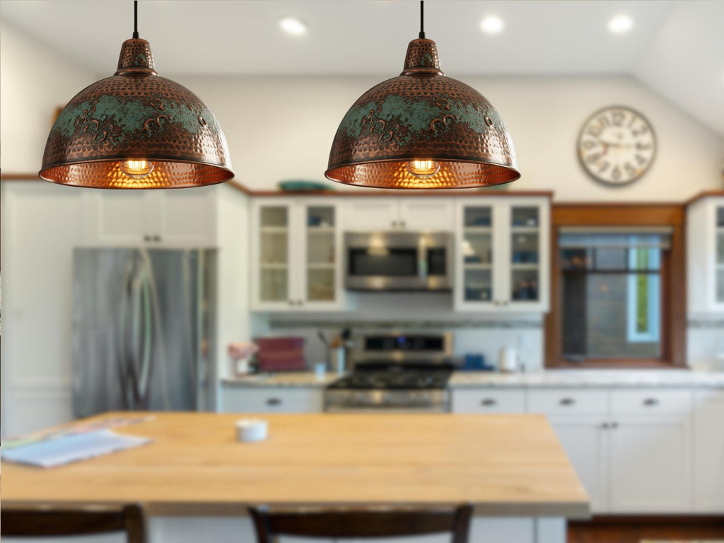 Copper Pendant Light - Hammered Rustic Industrial Lamp with Verdigris Patina
