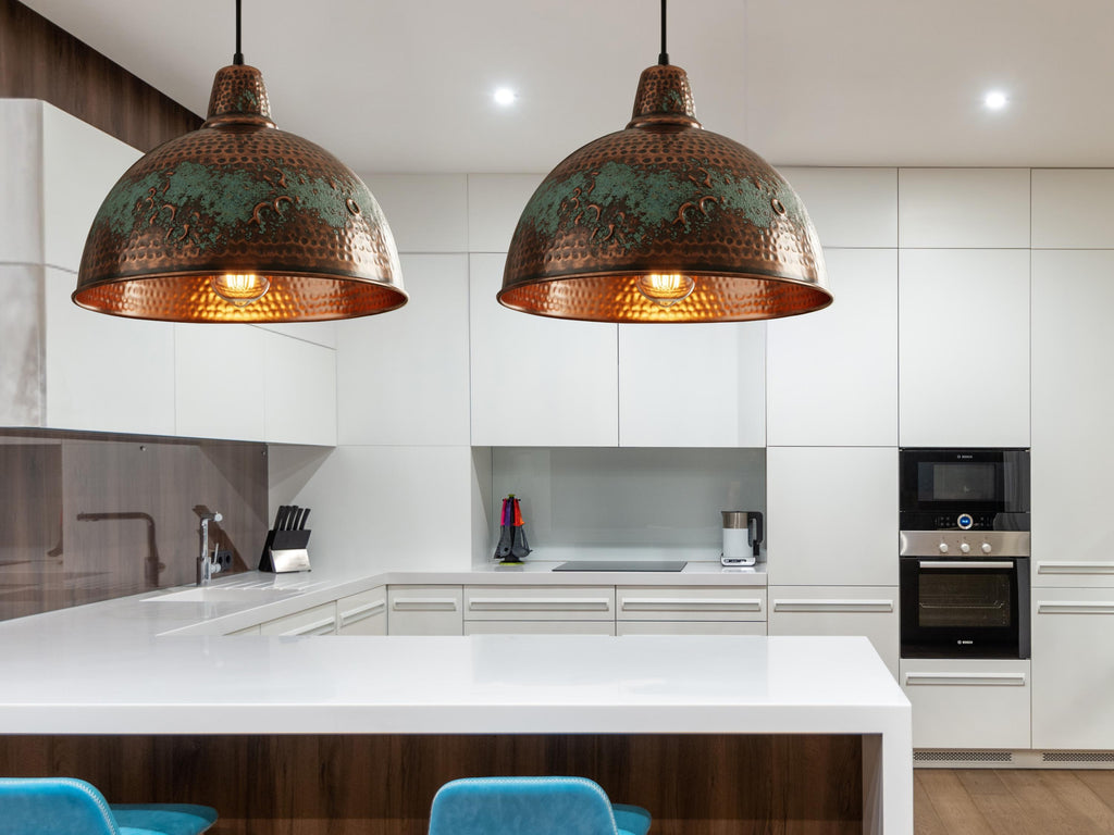 Copper Pendant Light - Hammered Rustic Industrial Lamp with Verdigris Patina