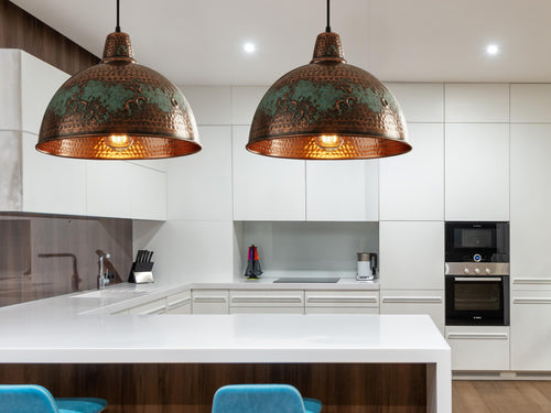 Copper Pendant Light - Hammered Rustic Industrial Lamp with Verdigris Patina