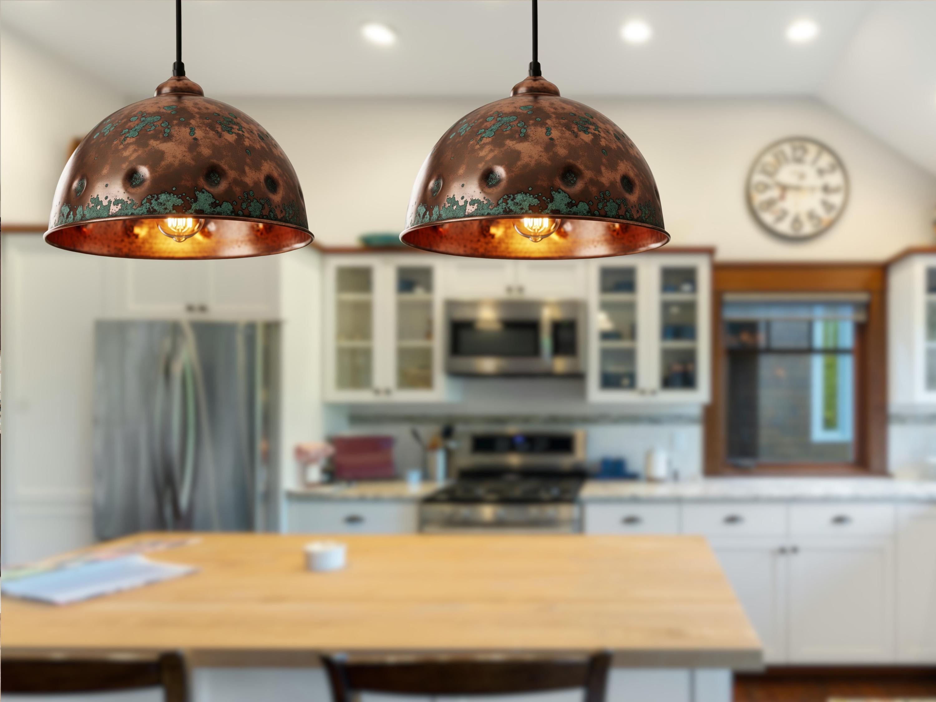 Handmade Hammered Copper Dome Pendant Light with Rustic Verdigris Patina - Industrial Farmhouse Ceiling Lamp