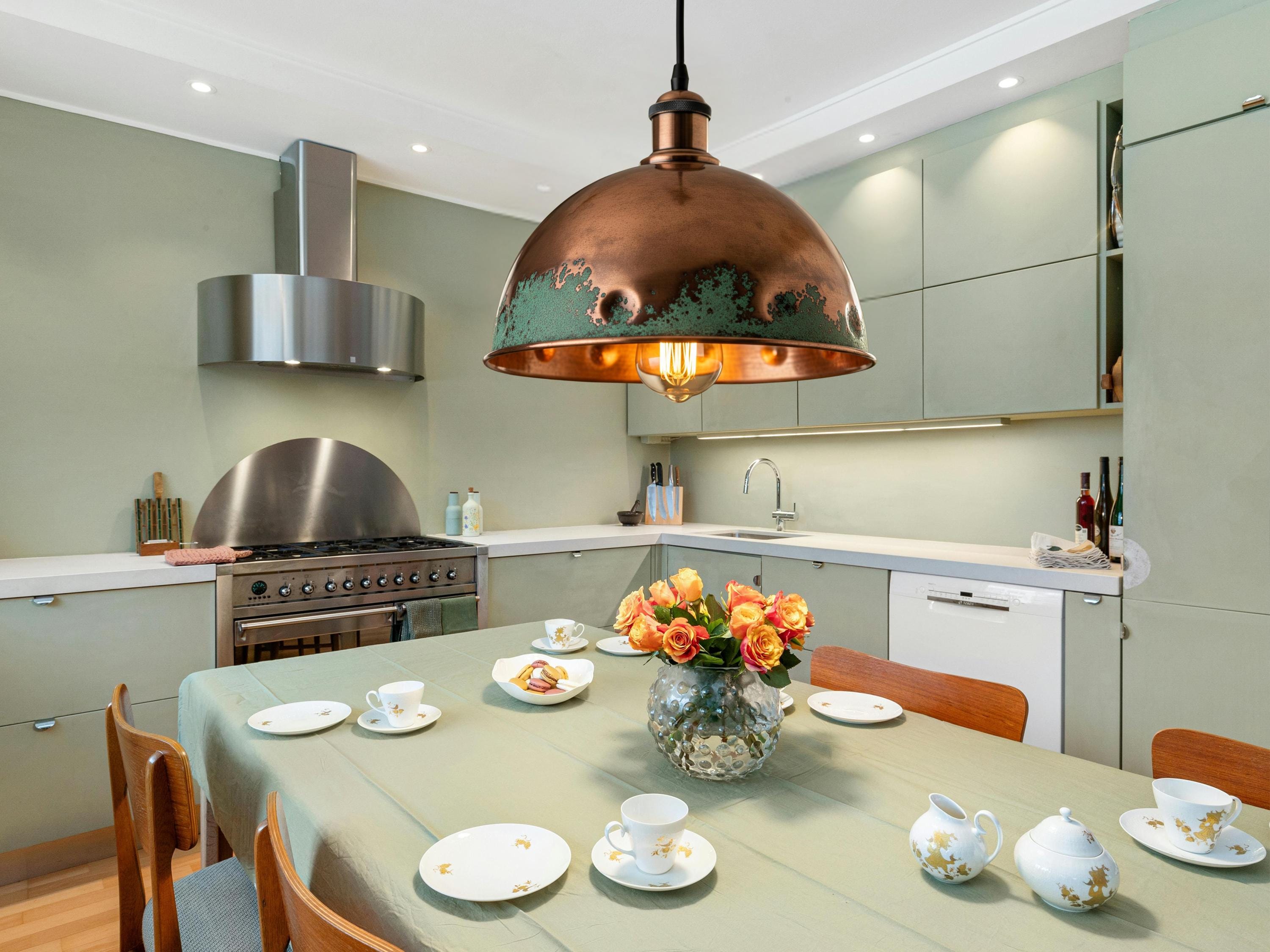 Hammered Copper Pendant Light: Green Patina Rustic Dome Lamp