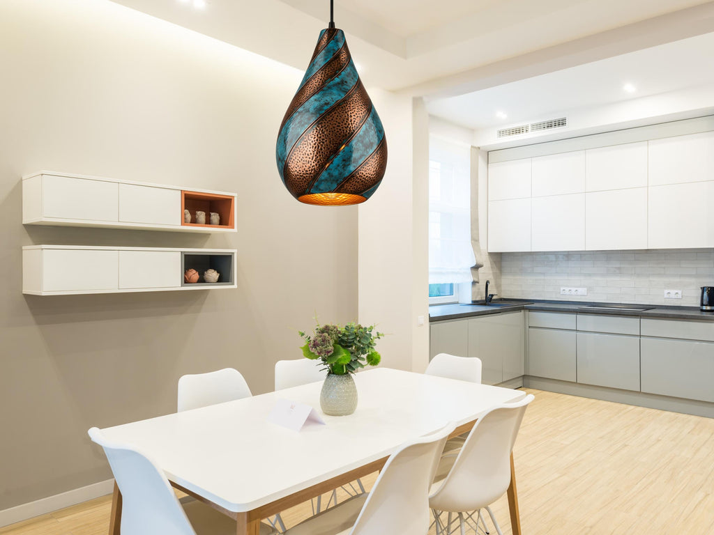 Swirl Teardrop Pendant Light - Hammered Copper with Blue Patina, Modern Pendant Ceiling Lamp