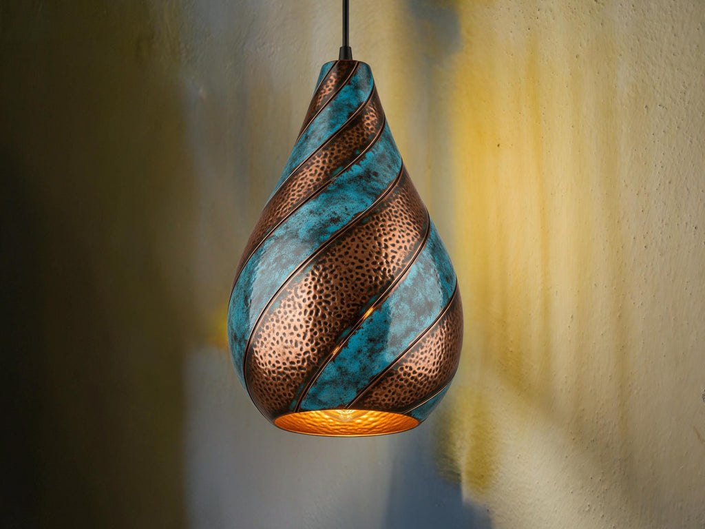 Swirl Teardrop Pendant Light - Hammered Copper with Blue Patina, Modern Pendant Ceiling Lamp